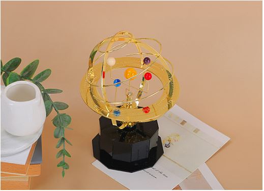 Handcrafted Mechanical Solar System Model with 5 Orbiting Planets & Moon on Oak Base | Desktop Planetarium Orrery for Office, Study & Home | Thomler