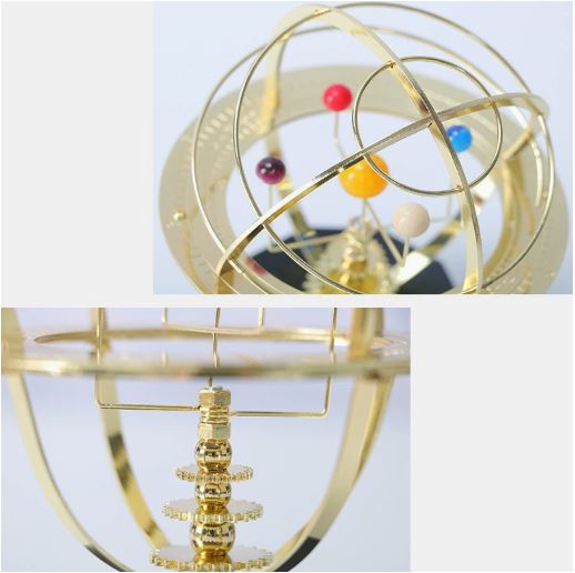Handcrafted Mechanical Solar System Model with 5 Orbiting Planets & Moon on Oak Base | Desktop Planetarium Orrery for Office, Study & Home | Thomler