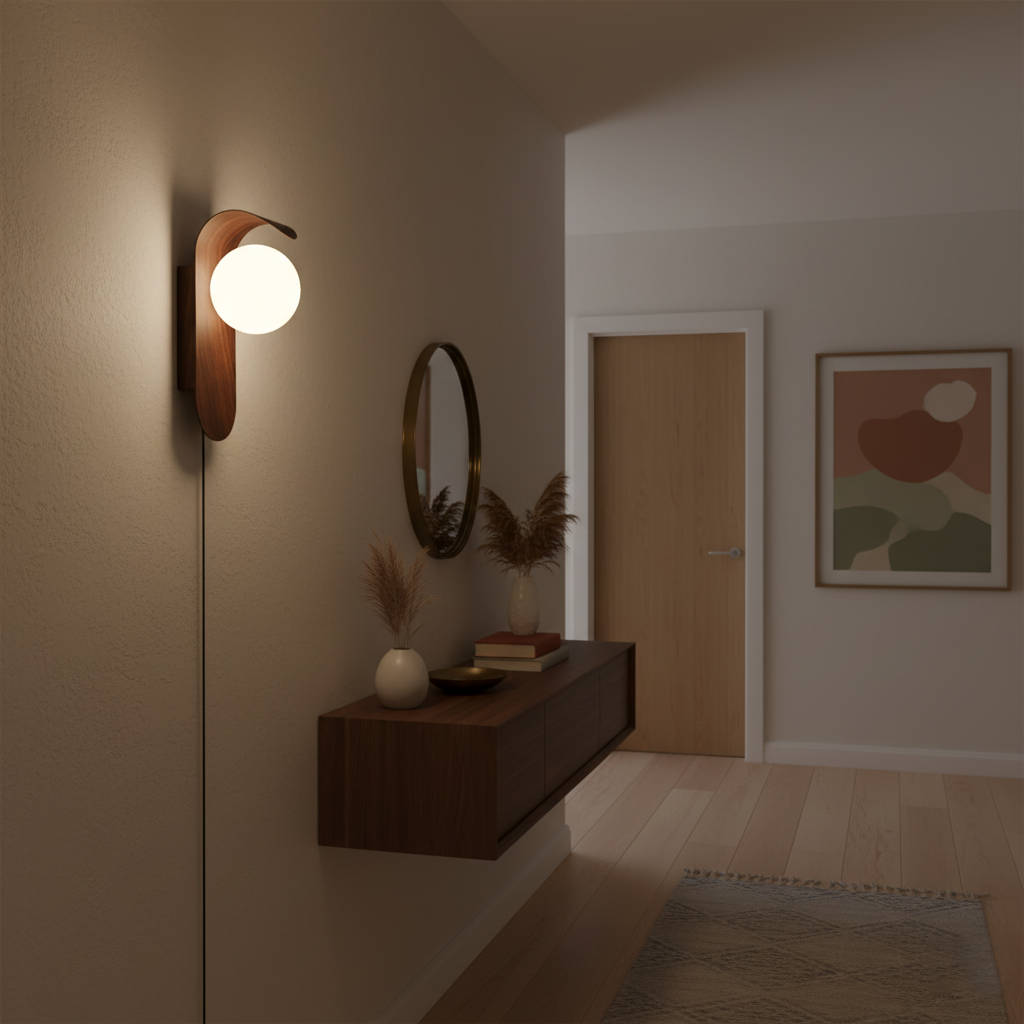 Wall Lamp Wood 9.8 in Frosted Acrylic Globe 7W Bathroom Bedroom Lighting Modern Decorative Accent | Thomler