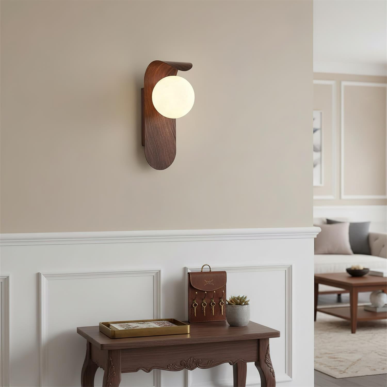 Wall Lamp Wood 9.8 in Frosted Globe White Walnut Bathroom Bedroom Ambient Lighting | Thomler