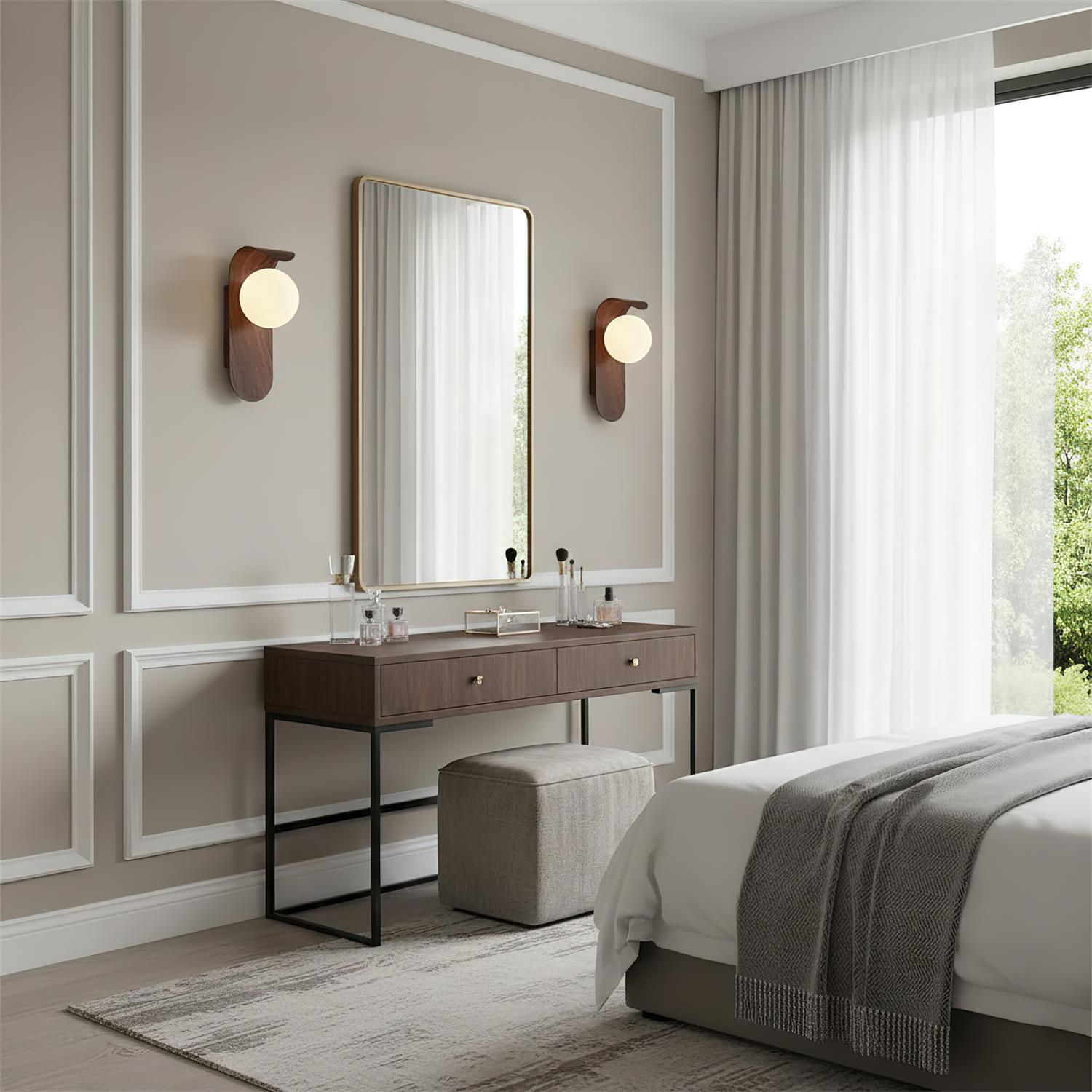 Wall Lamp Wood 9.8 in Frosted Globe White Walnut Bathroom Bedroom Ambient Lighting | Thomler
