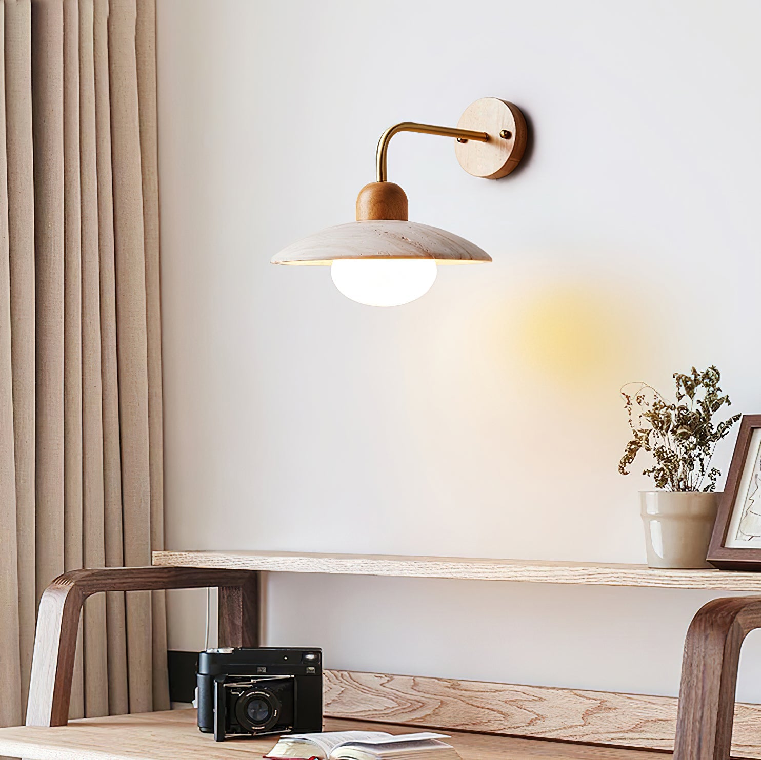 Wall Lamp Travertine Stone 9.8 in Wide Wood Brass Bedroom Bathroom Reading Lighting Fixture | Thomler