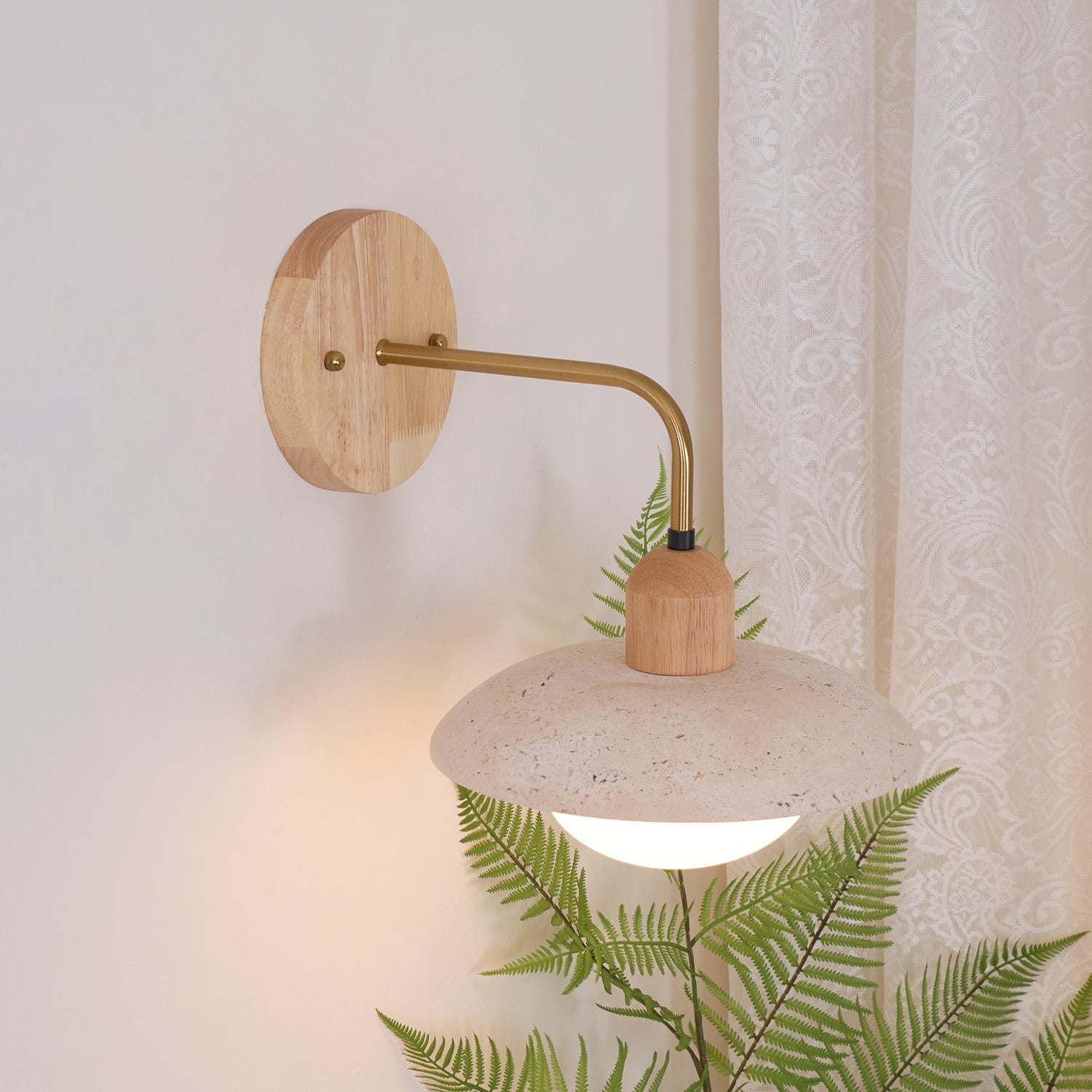 Wall Lamp Travertine Stone 9.8 in Wide Wood Brass Bedroom Bathroom Reading Lighting Fixture | Thomler