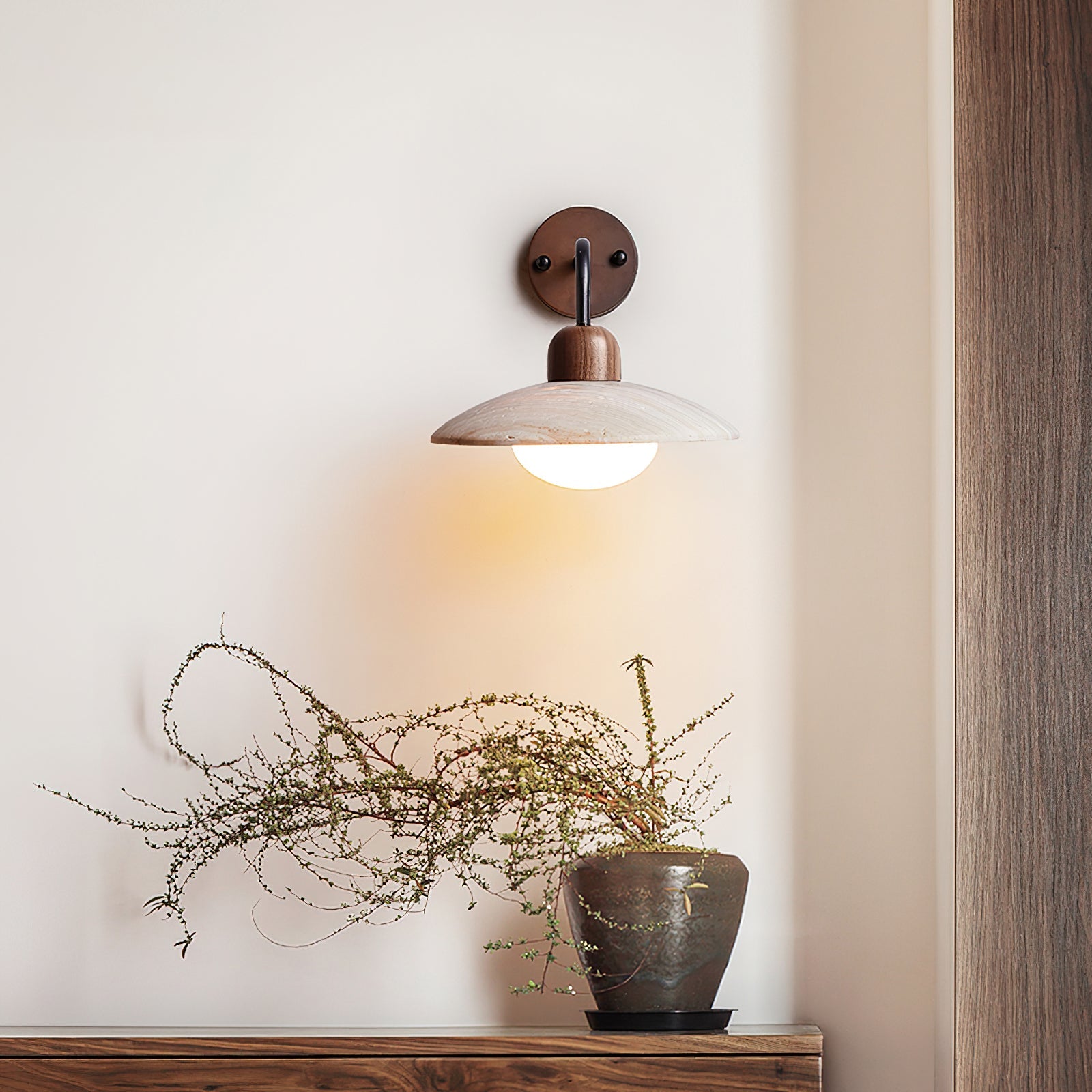 Wall Lamp Travertine Stone 9.8 in Wide Wood Brass Bedroom Bathroom Reading Lighting Fixture | Thomler