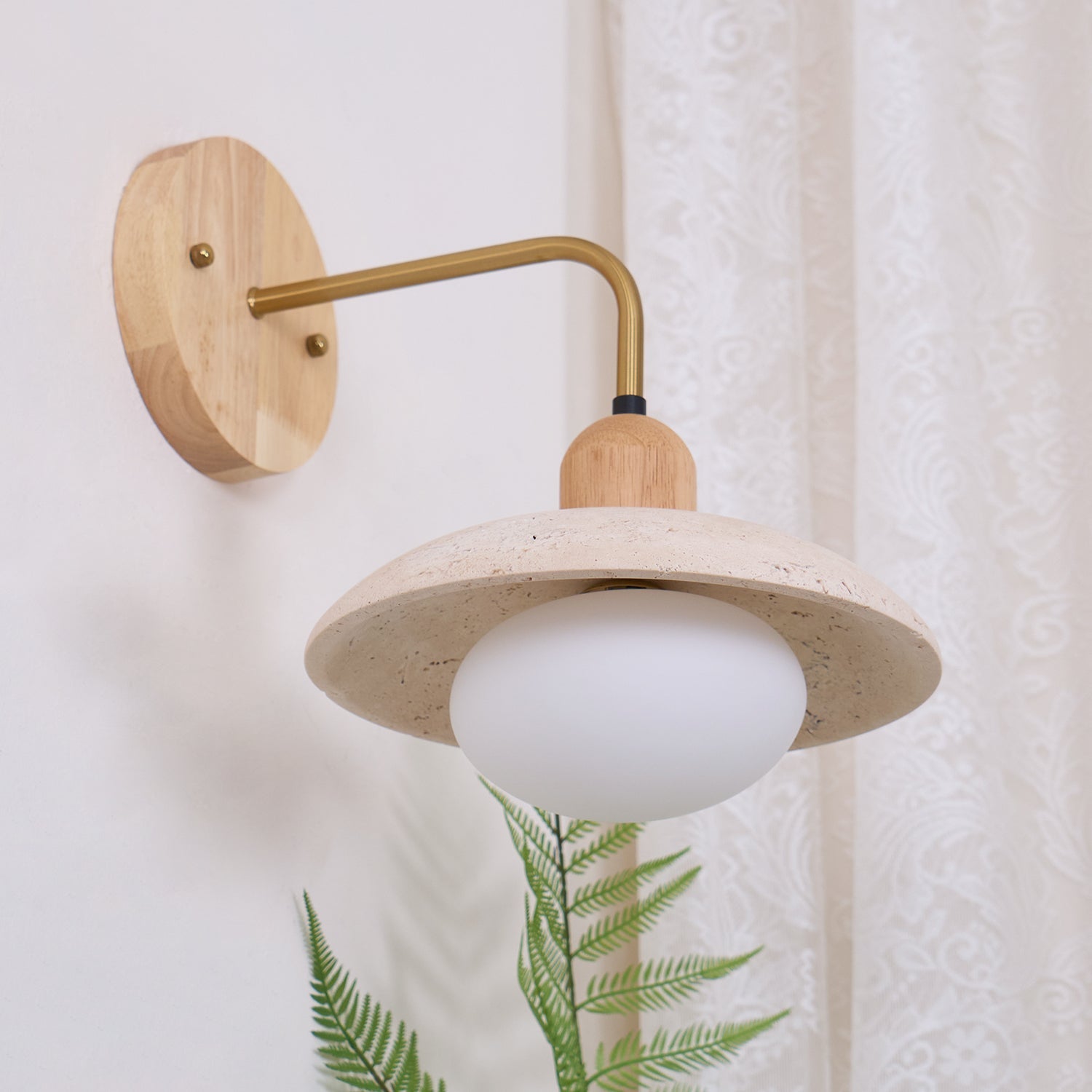 Wall Lamp Travertine Stone 9.8 in Wide Wood Brass Bedroom Bathroom Reading Lighting Fixture | Thomler