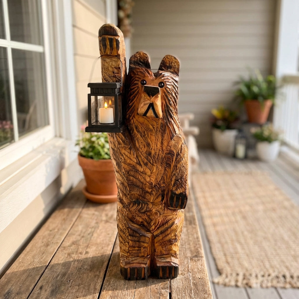 Solar Bear Figurine with Flickering LED Lantern for Outdoor Garden Decor, Rustic Woodland Statue for Front Porch, Pathway Lighting | Thomler