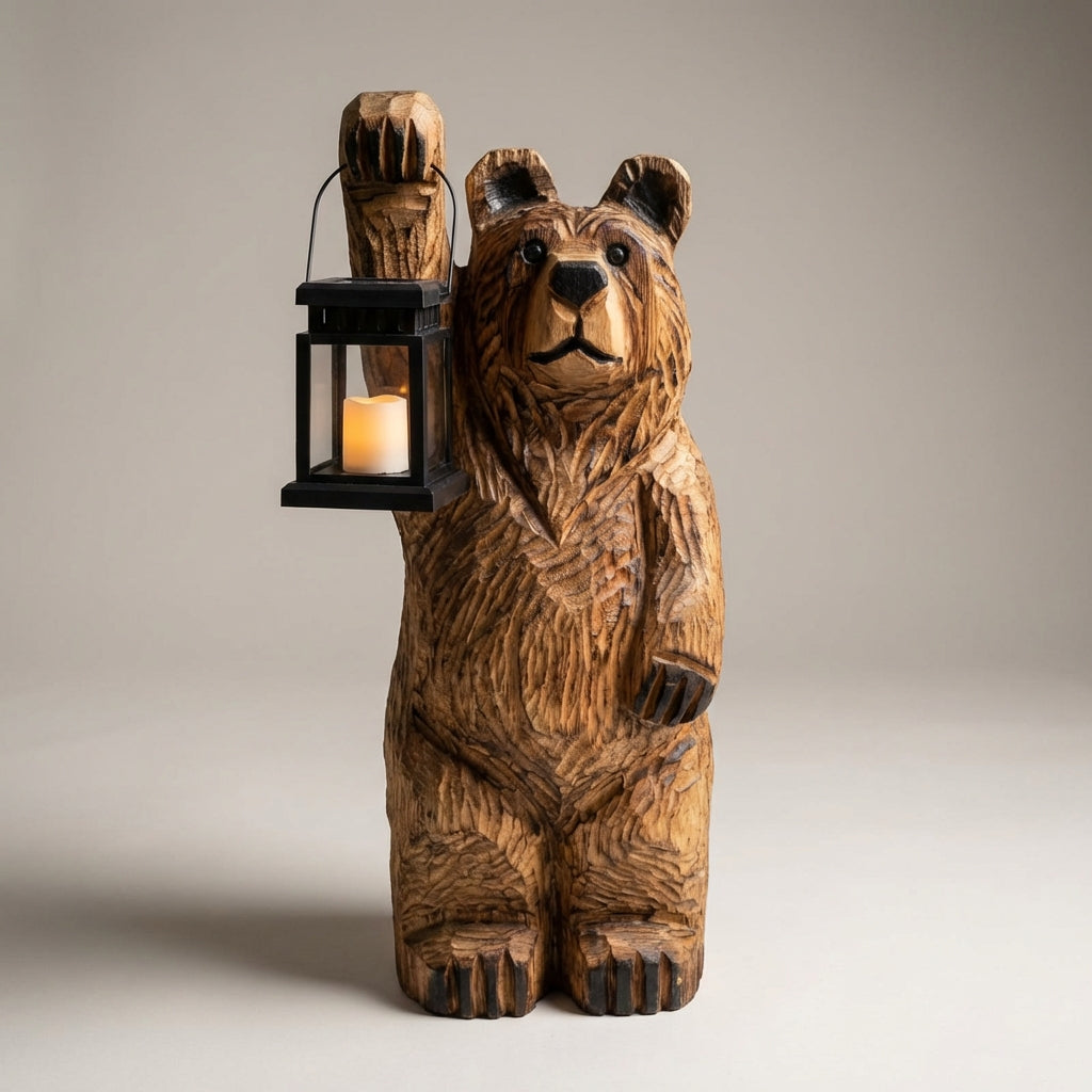 Solar Bear Figurine with Flickering LED Lantern for Outdoor Garden Decor, Rustic Woodland Statue for Front Porch, Pathway Lighting | Thomler
