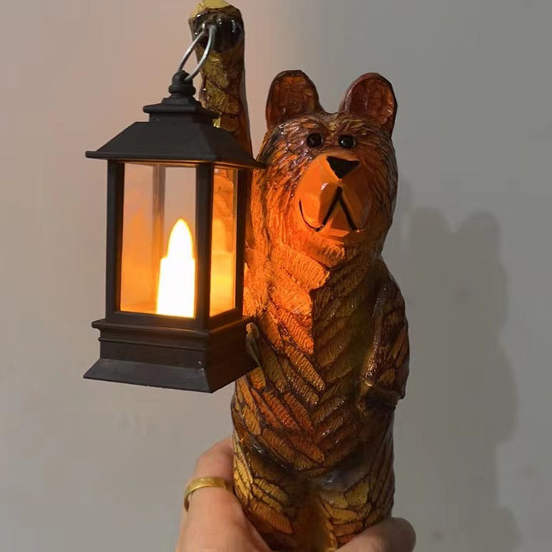 Solar Bear Figurine with Flickering LED Lantern for Outdoor Garden Decor, Rustic Woodland Statue for Front Porch, Pathway Lighting | Thomler