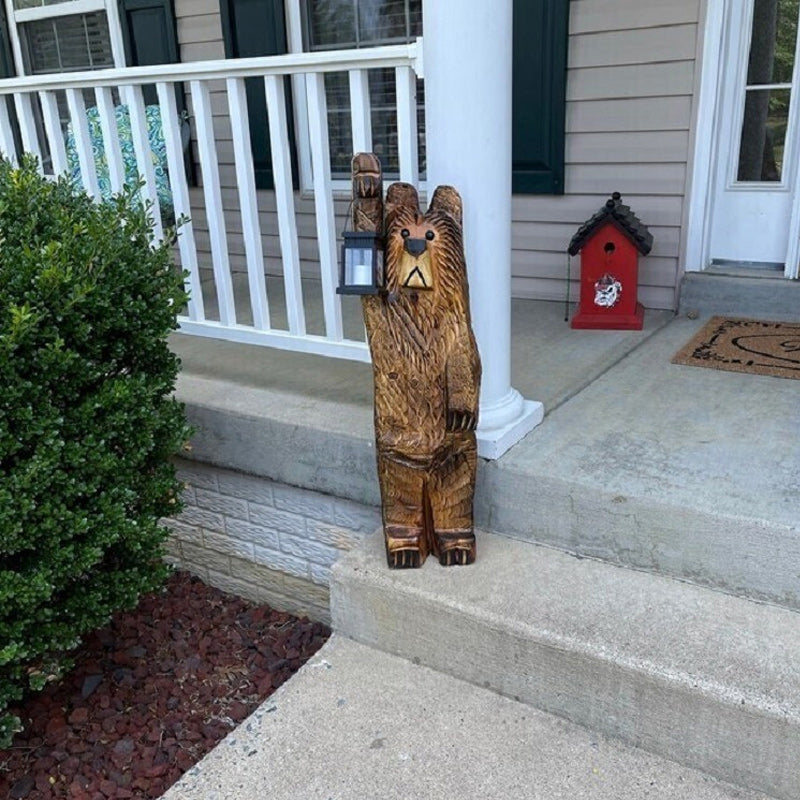 Solar Bear Figurine with Flickering LED Lantern for Outdoor Garden Decor, Rustic Woodland Statue for Front Porch, Pathway Lighting | Thomler