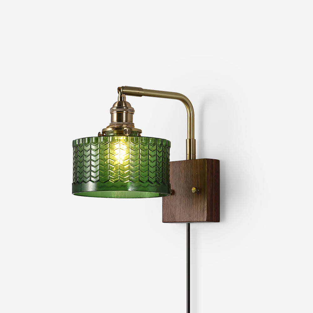 Wall Lamp Wood Brass 9.4 in Green Clear Art Glass Indoor Accent Lighting Decorative Fixture | Thomler