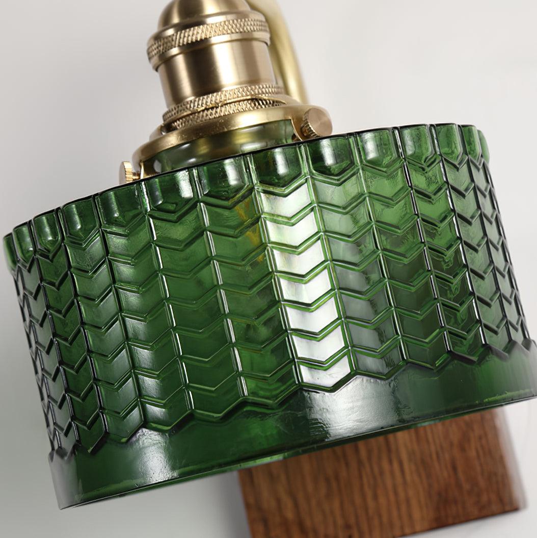 Wall Lamp Wood And Brass 9.4 in Green Glass Shade Indoor Bathroom Bedroom Accent Light | Thomler