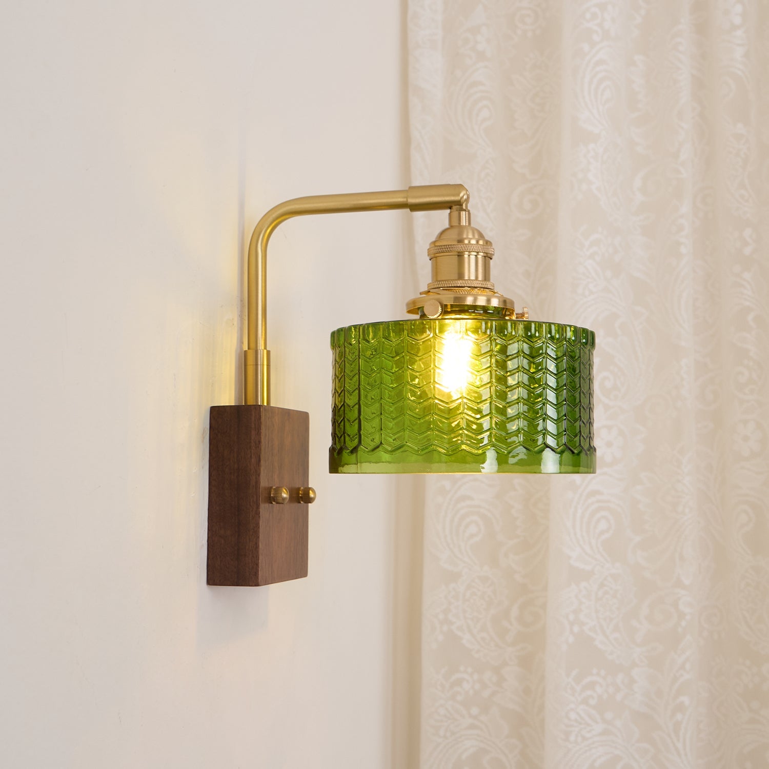 Wall Lamp Wood And Brass 9.4 in Green Glass Shade Indoor Bathroom Bedroom Accent Light | Thomler
