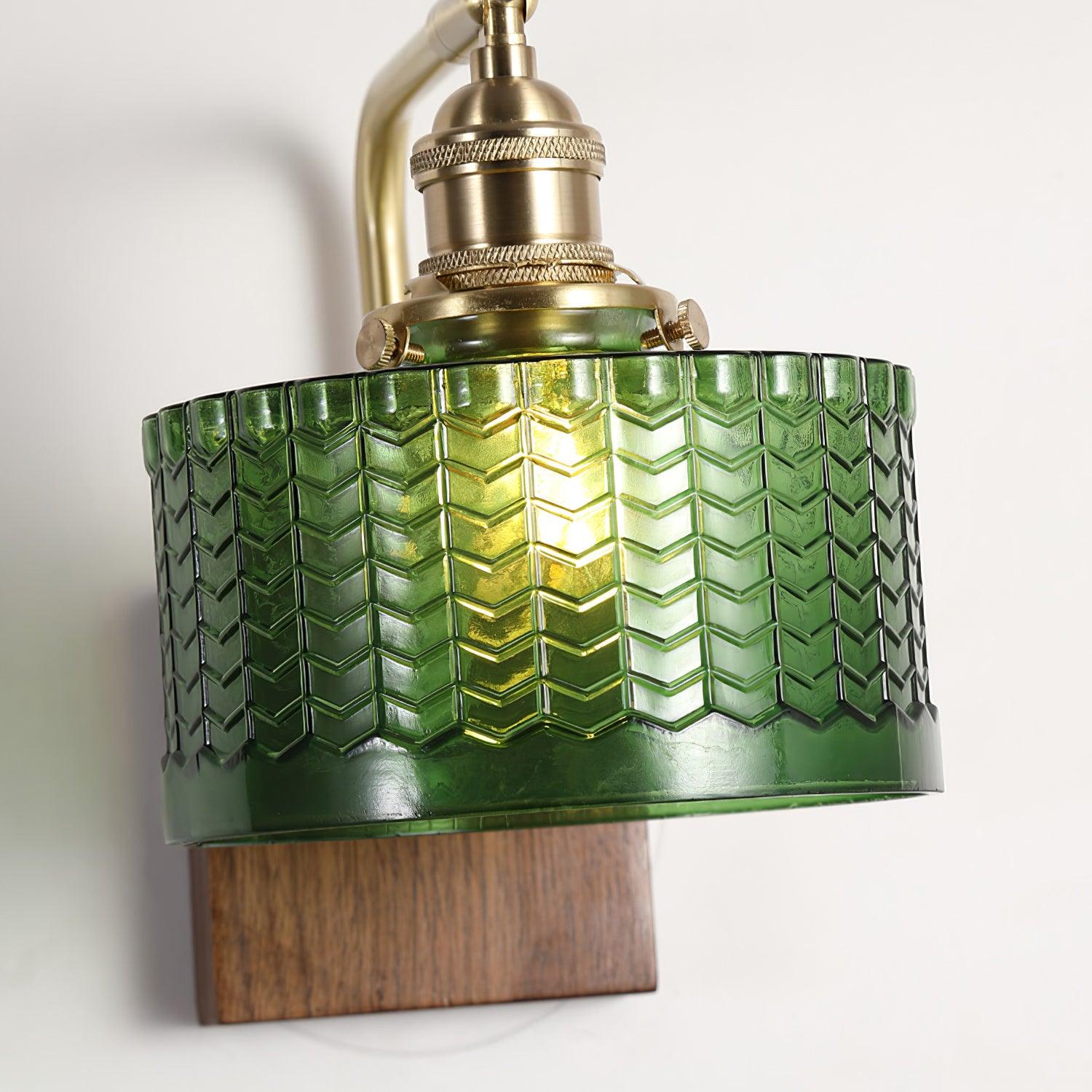 Wall Lamp Wood And Brass 9.4 in Green Glass Shade Indoor Bathroom Bedroom Accent Light | Thomler