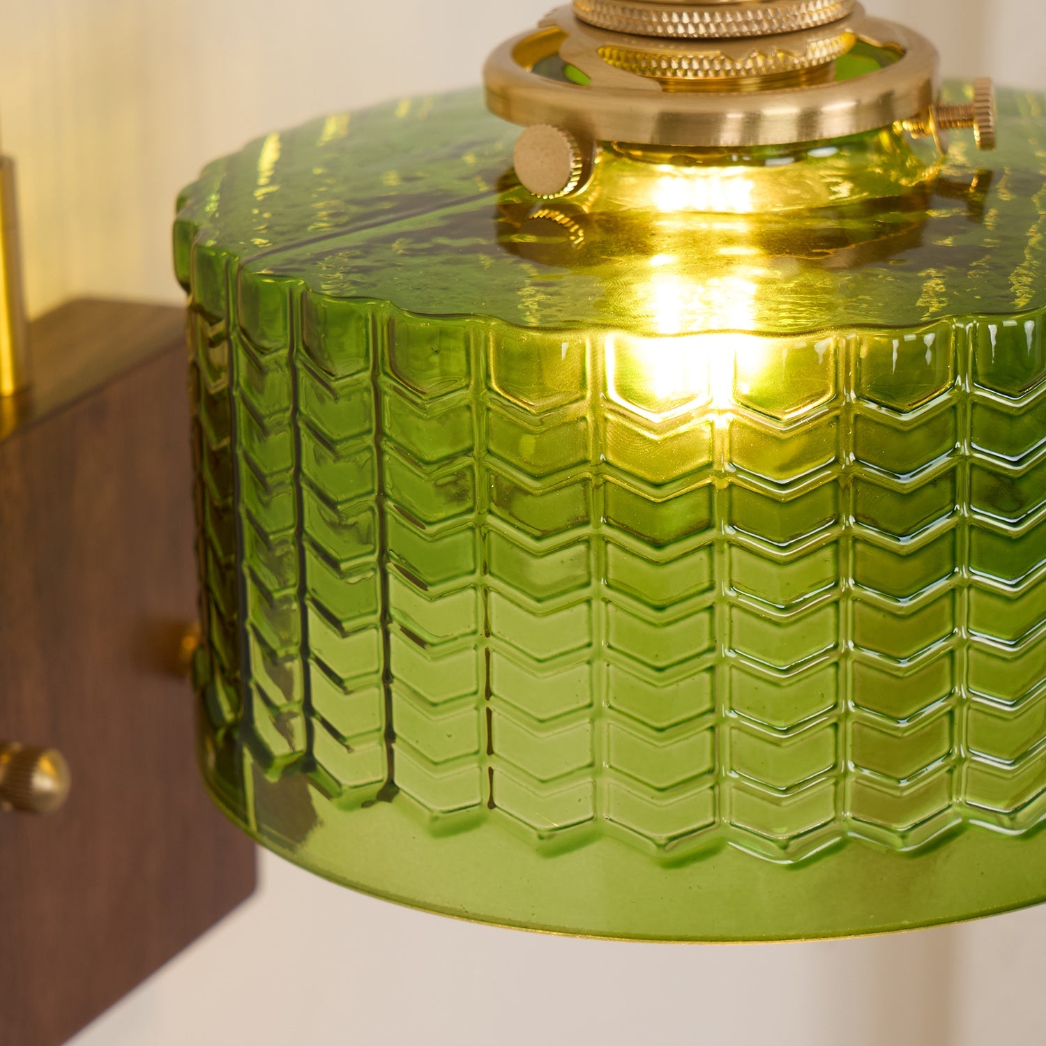 Wall Lamp Wood And Brass 9.4 in Green Glass Shade Indoor Bathroom Bedroom Accent Light | Thomler