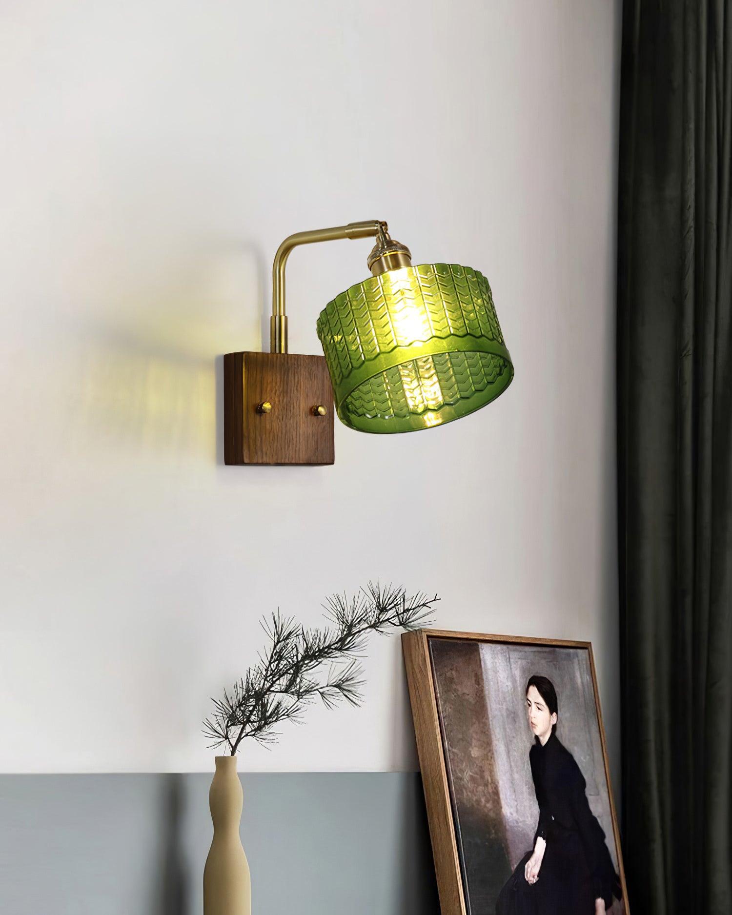 Wall Lamp Wood And Brass 9.4 in Green Glass Shade Indoor Bathroom Bedroom Accent Light | Thomler
