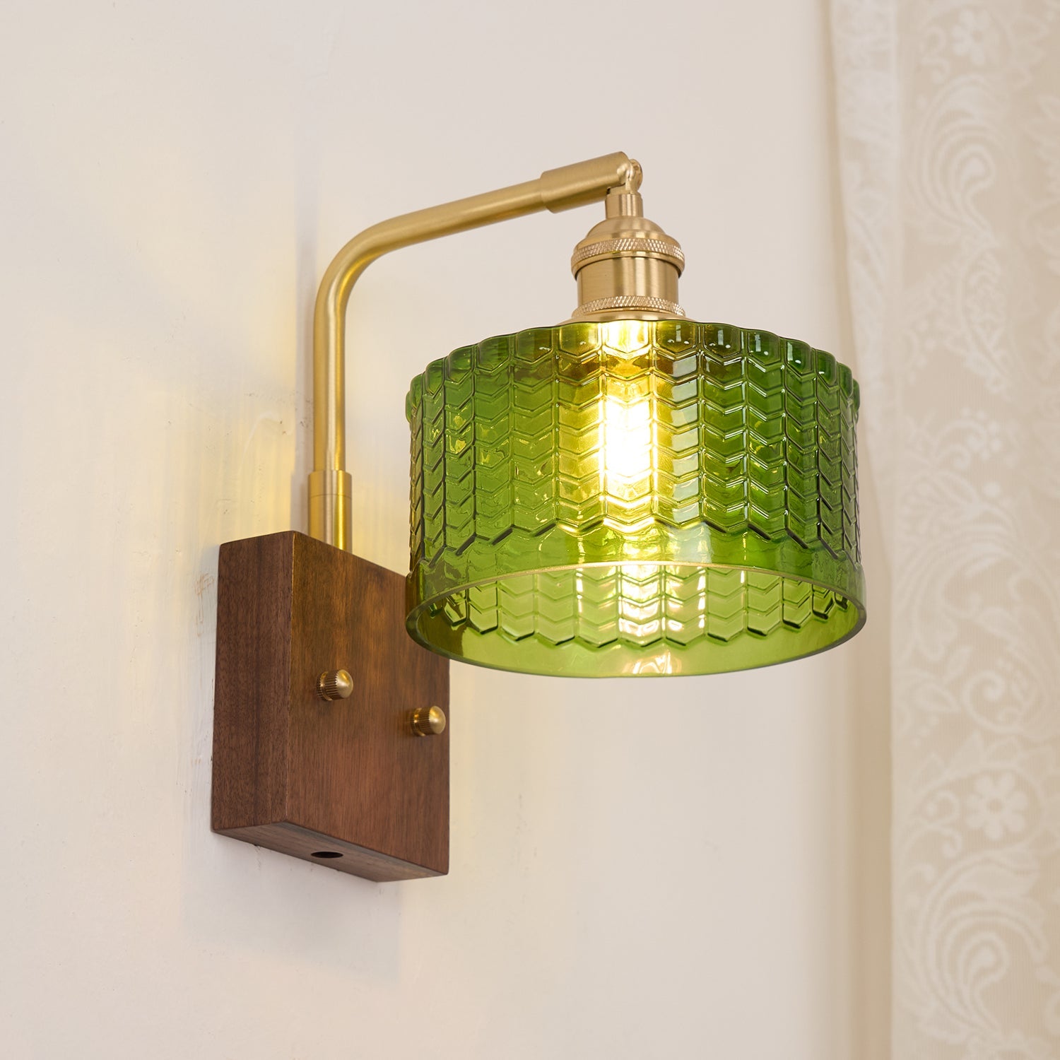Wall Lamp Wood And Brass 9.4 in Green Glass Shade Indoor Bathroom Bedroom Accent Light | Thomler