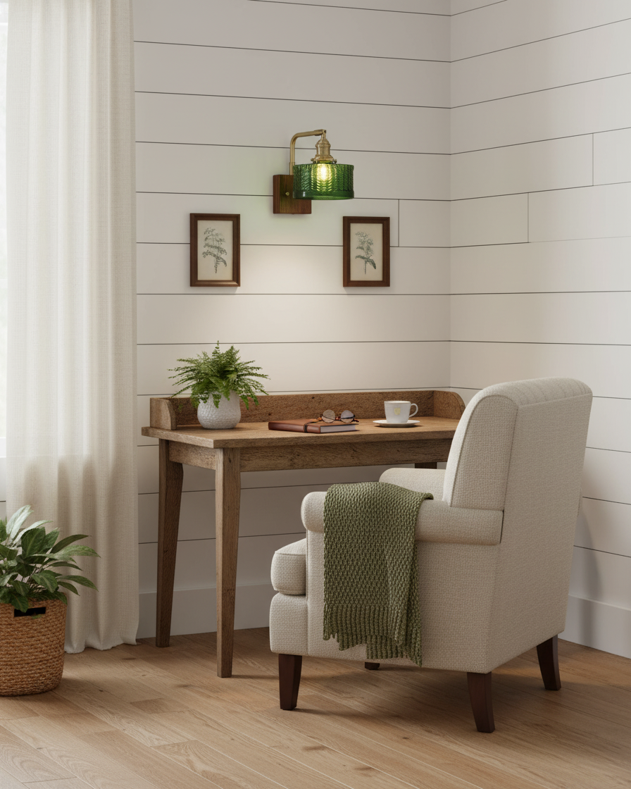 Wall Lamp Wood And Brass 9.4 in Green Glass Shade Indoor Bathroom Bedroom Accent Light | Thomler
