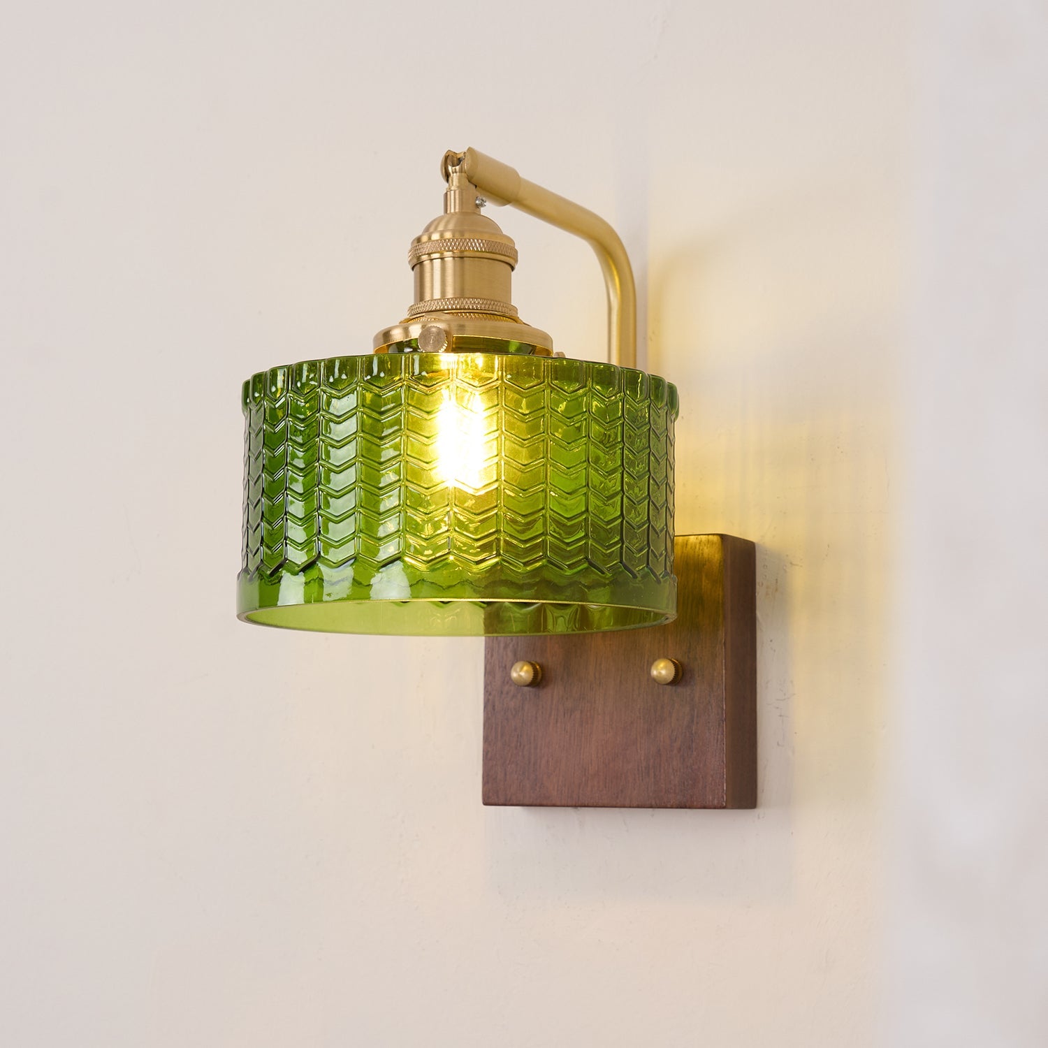Wall Lamp Wood And Brass 9.4 in Green Glass Shade Indoor Bathroom Bedroom Accent Light | Thomler