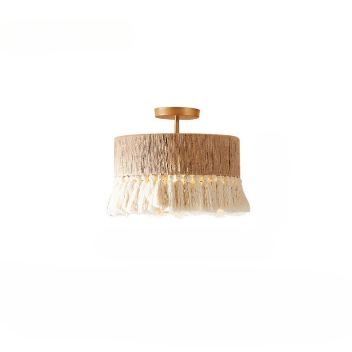 Pendant Light Hemp Rope 19.7 in Bohemian Beige Dining Room Bedroom Tassel Hanging Ceiling Lamp Woven Fabric Shade Ambient Lighting | Thomler