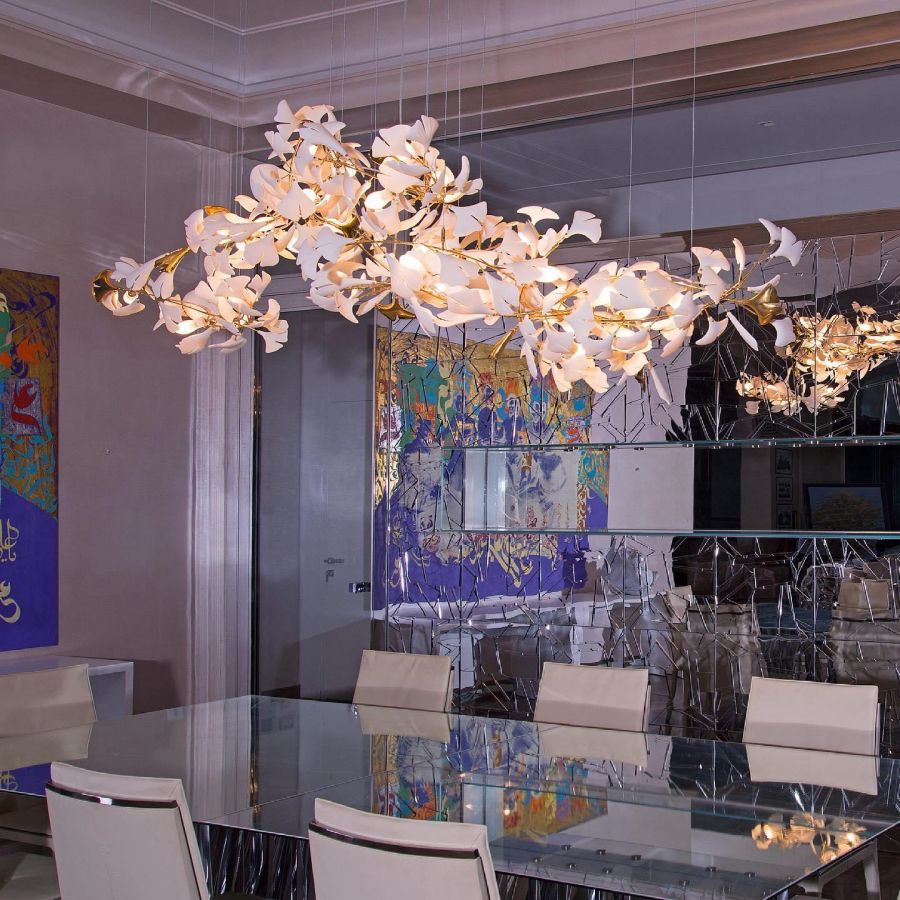 Handcrafted Porcelain Leaf Chandelier – Organic Linear Design with Warm LED Glow for Dining Room, Living Room & Entryway | Thomler