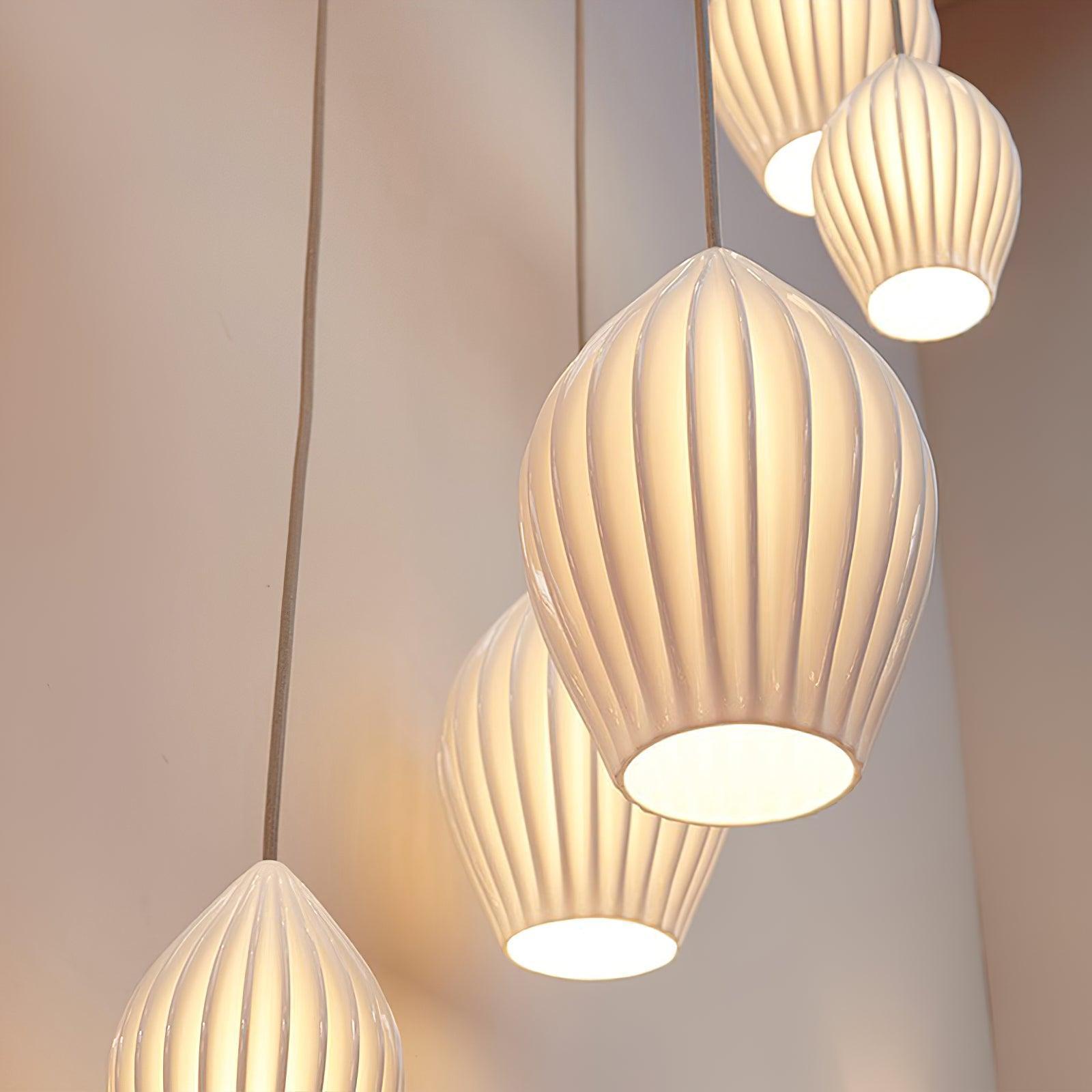 Pendant Light Ribbed Ceramic 5.1 in White Dining Room Hanging Ceiling Fixture E14 Modern Minimalist Kitchen Island Lighting | Thomler