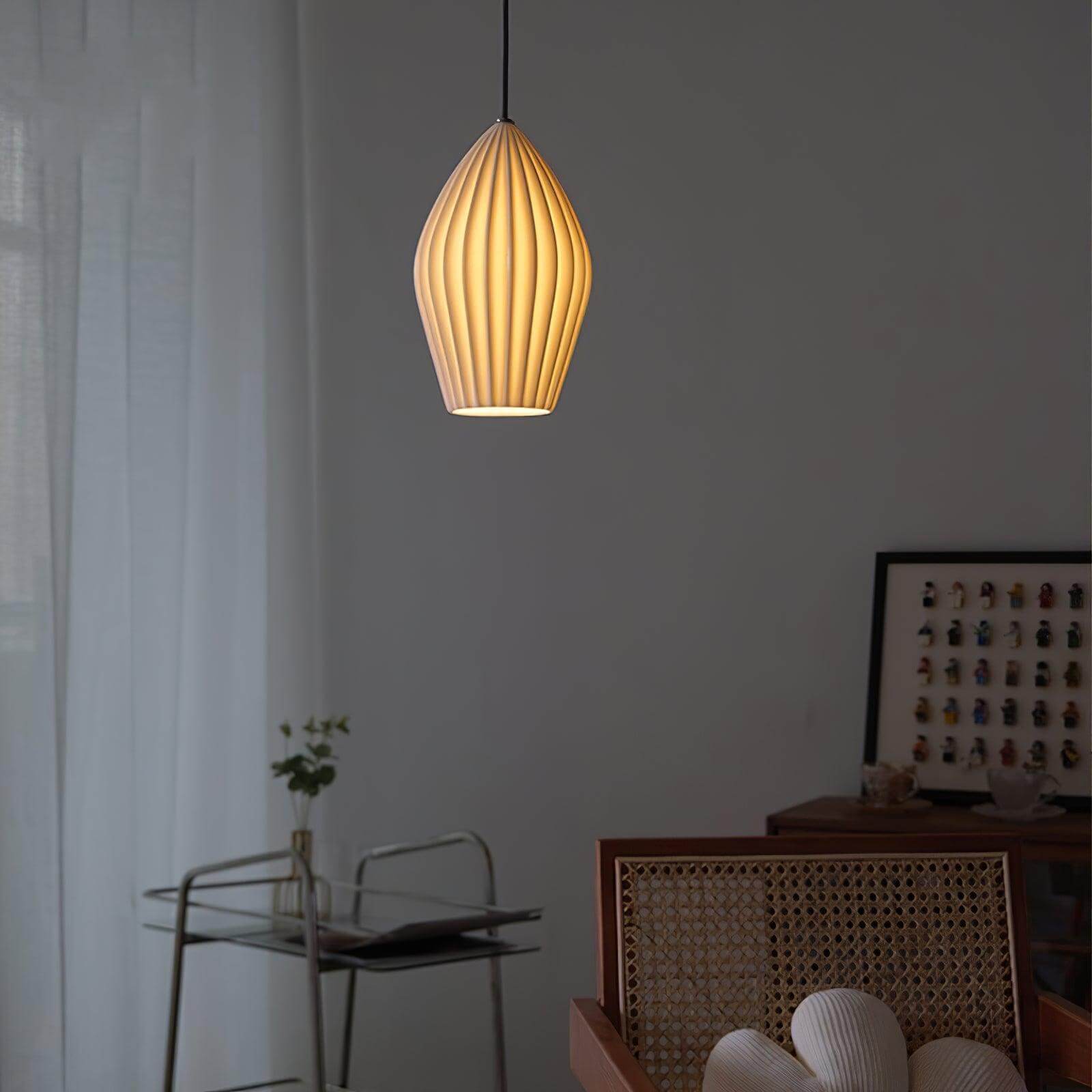 Pendant Light Ribbed Ceramic 5.1 in White Dining Room Hanging Ceiling Fixture E14 Modern Minimalist Kitchen Island Lighting | Thomler
