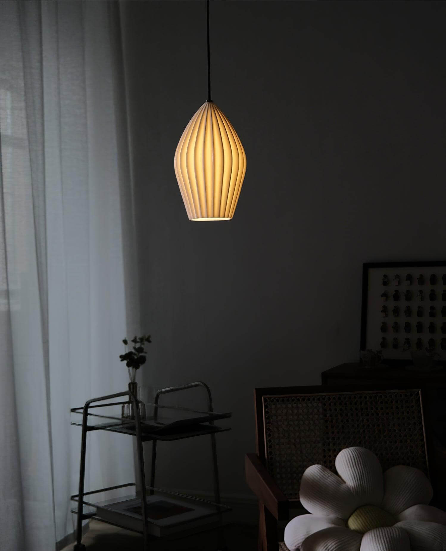 Pendant Light Ribbed Ceramic 5.1 in White Dining Room Hanging Ceiling Fixture E14 Modern Minimalist Kitchen Island Lighting | Thomler