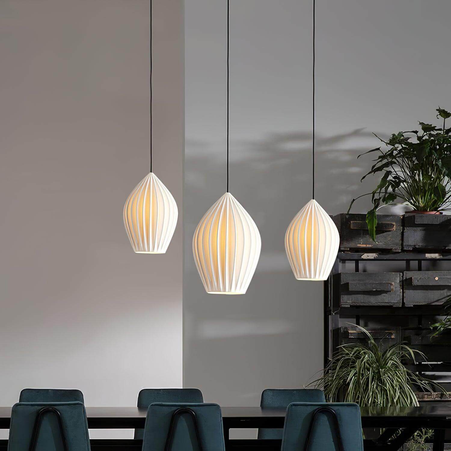 Pendant Light Ribbed Ceramic 5.1 in White Dining Room Hanging Ceiling Fixture E14 Modern Minimalist Kitchen Island Lighting | Thomler