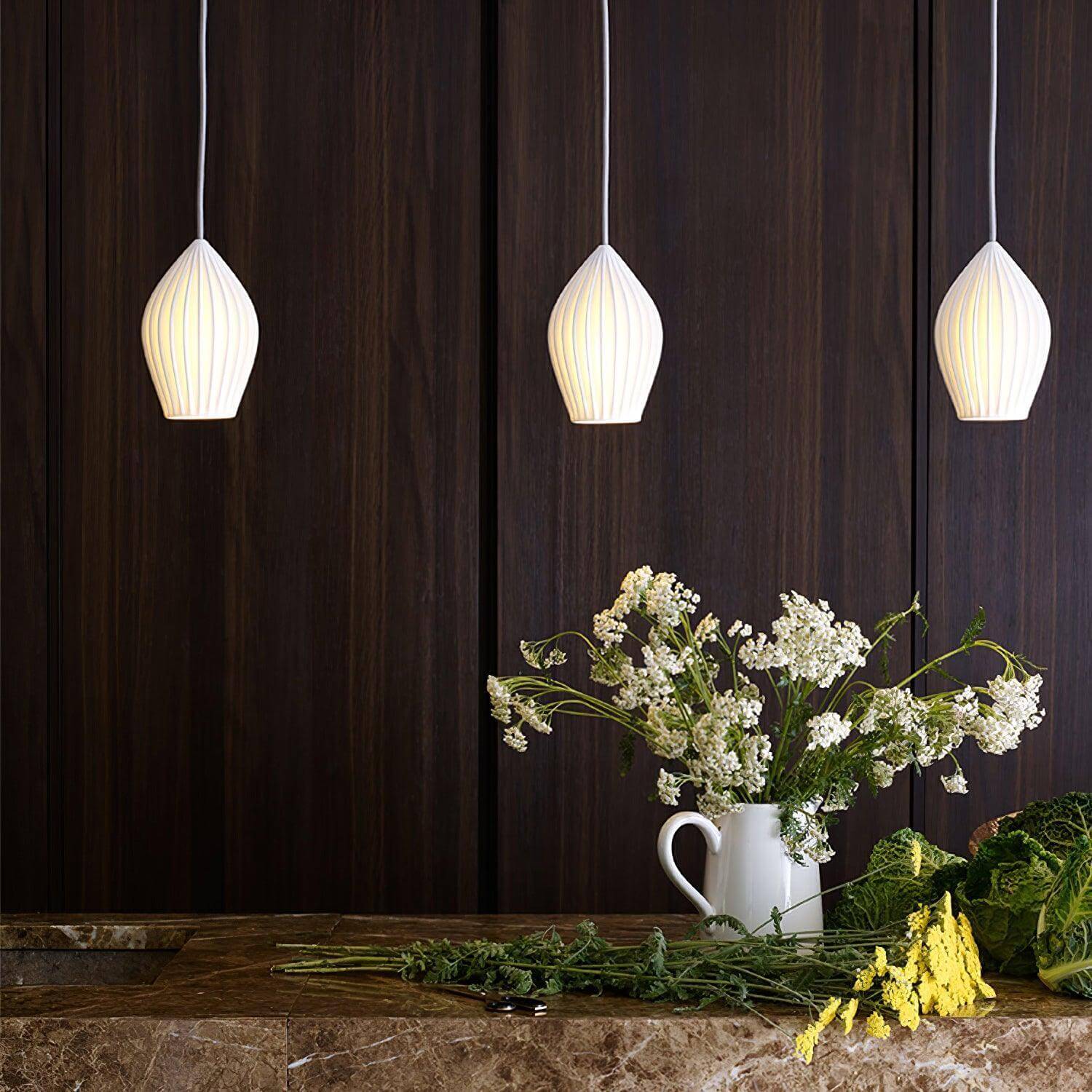 Pendant Light Ribbed Ceramic 5.1 in White Dining Room Hanging Ceiling Fixture E14 Modern Minimalist Kitchen Island Lighting | Thomler