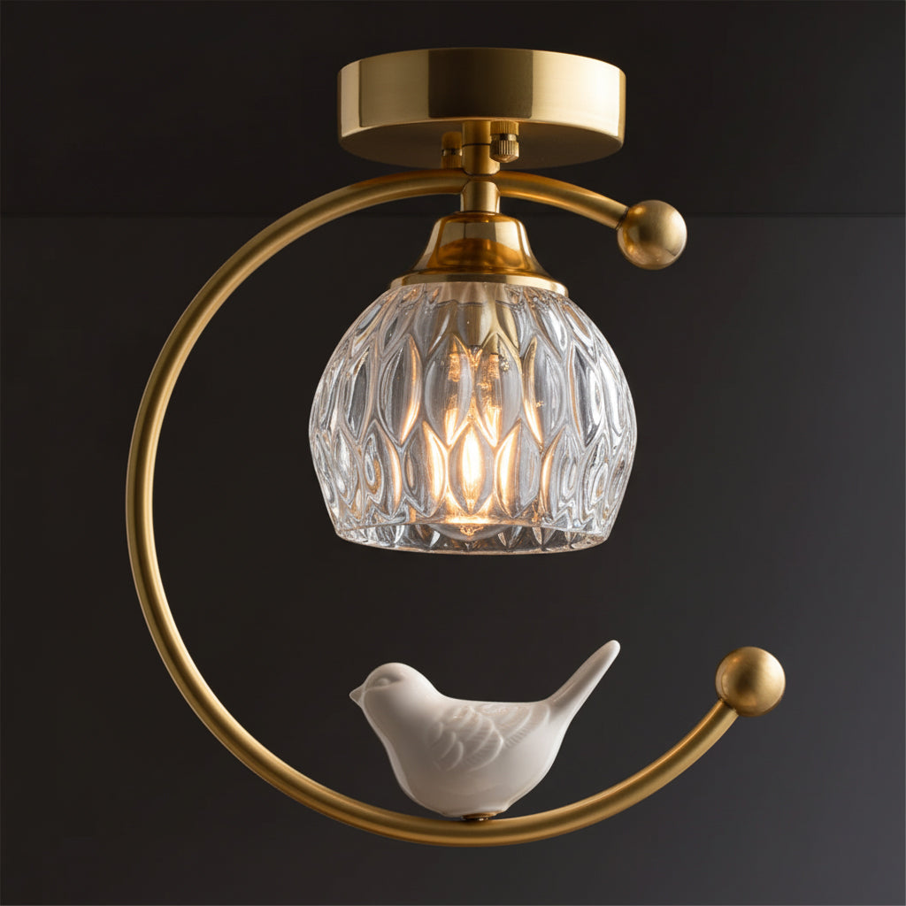 Ceiling Lamp Brass 9.1 in x 10.6 in Indoor LED Ceramic Bird Pendant Light | Thomler