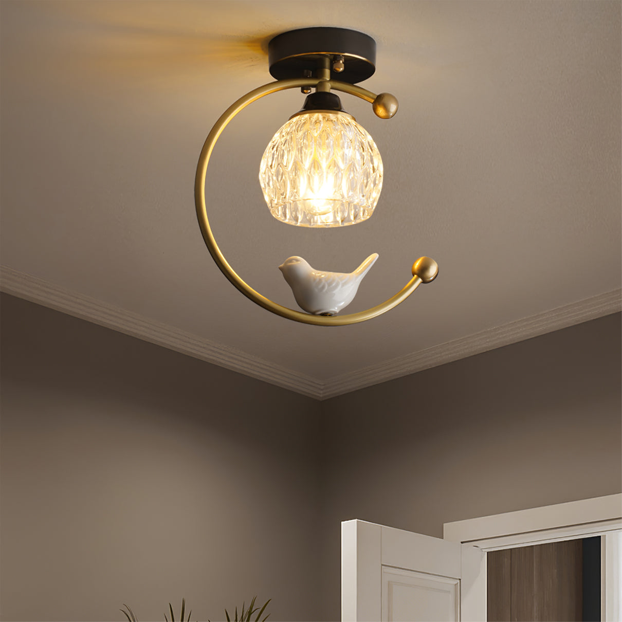 Ceiling Lamp Brass 9.1 in x 10.6 in Indoor LED Ceramic Bird Pendant Light | Thomler