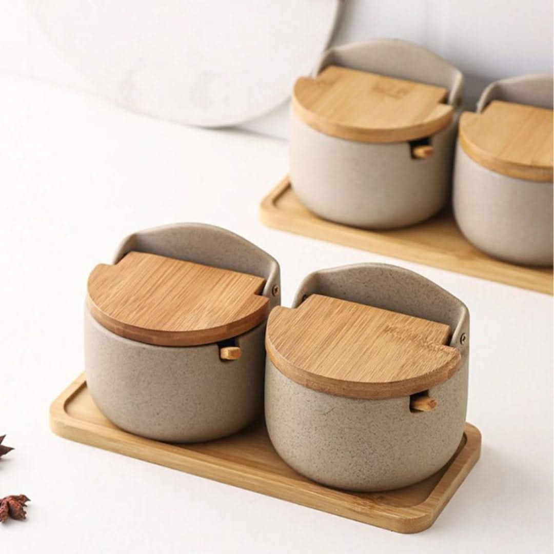 Countertop Spice Container Set with Bamboo Lids & Serving Spoons for Salt, Sugar & Seasonings | Thomler