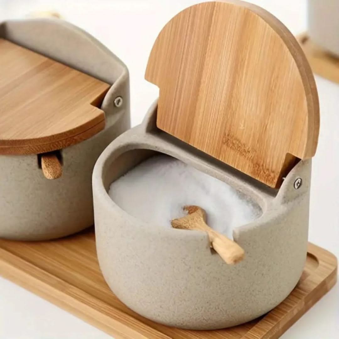 Countertop Spice Container Set with Bamboo Lids & Serving Spoons for Salt, Sugar & Seasonings | Thomler