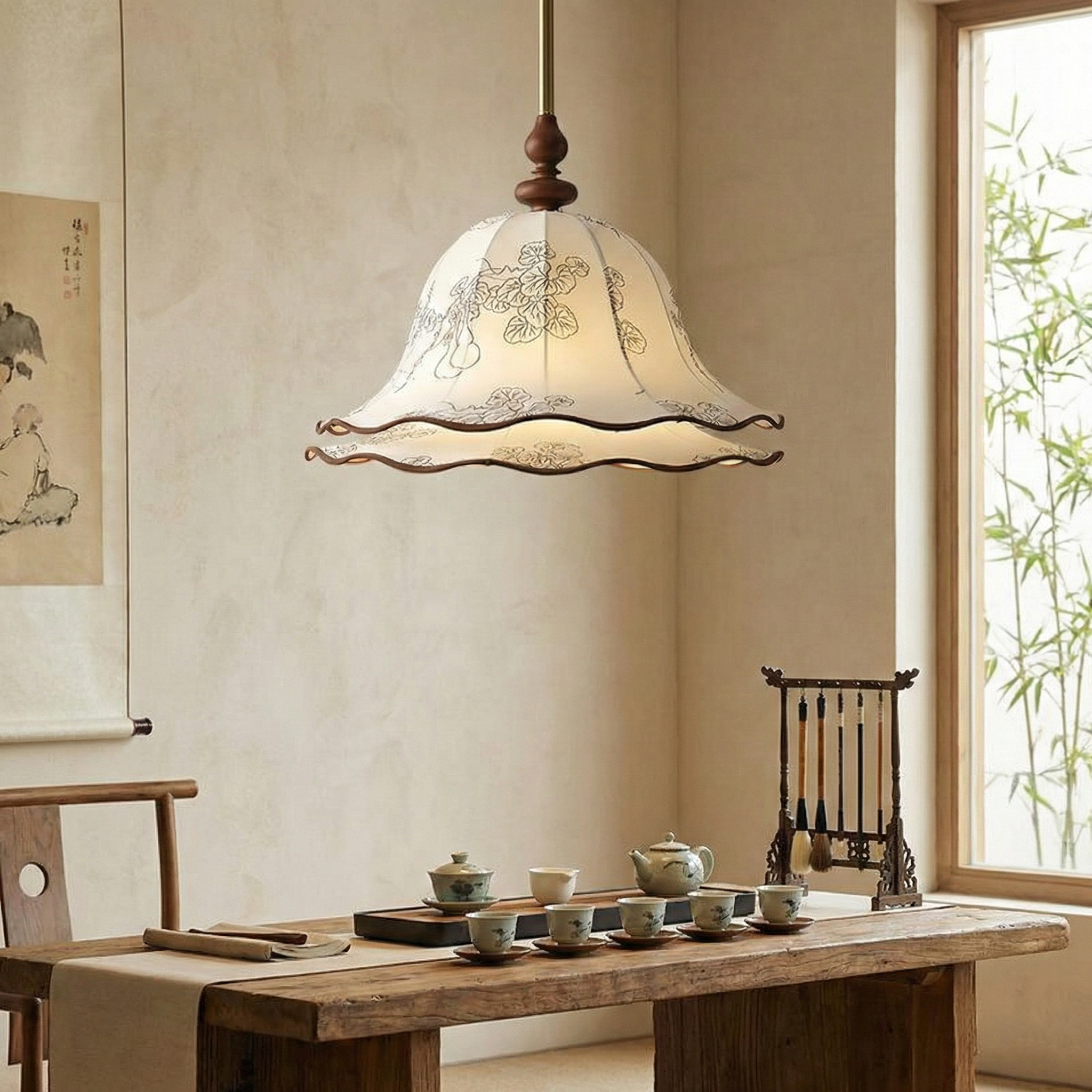 Pendant Light Wood Cloth Metal 9.8 in White Gold Wavy Floral Shade Dining Kitchen Vintage | Thomler