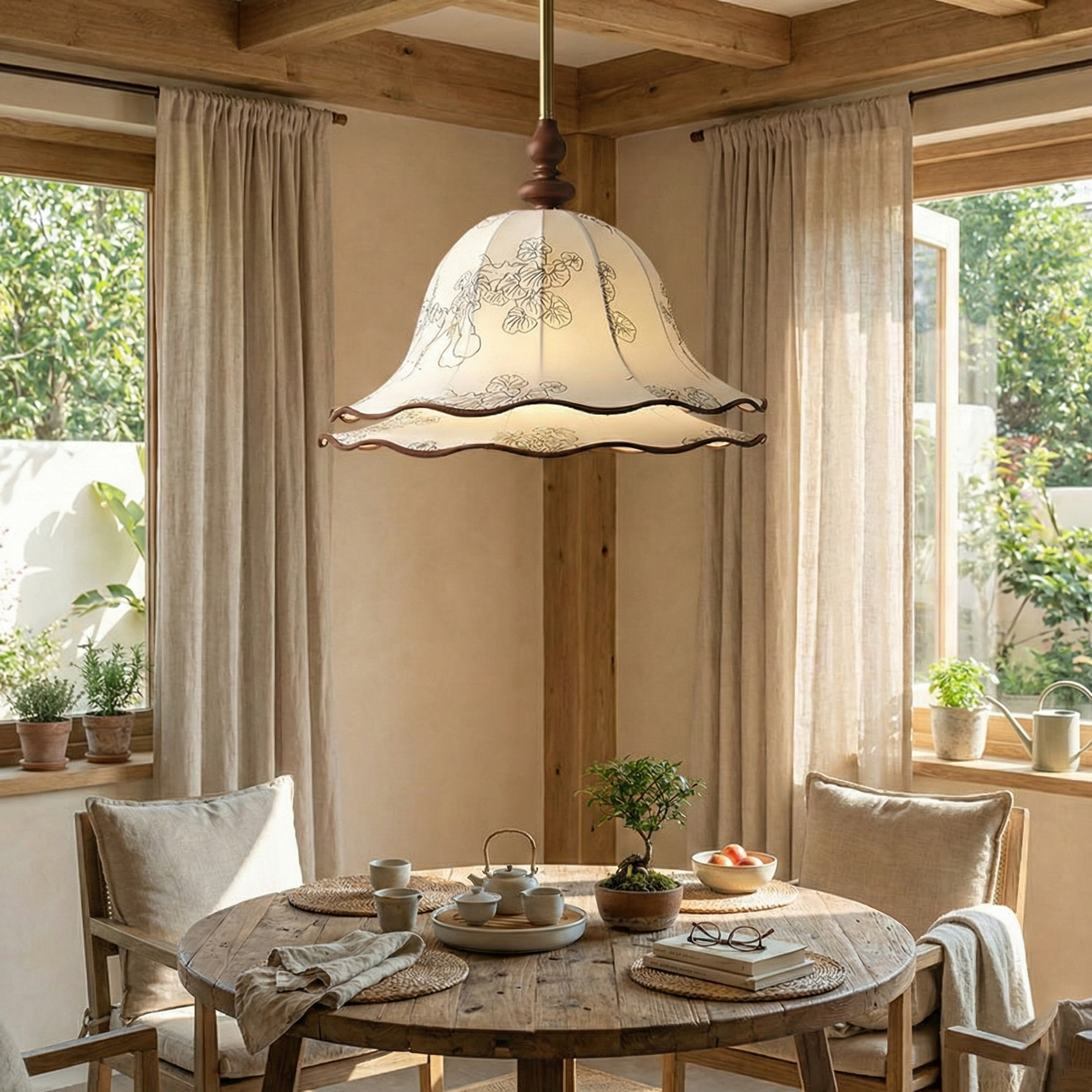 Pendant Light Wood Cloth Metal 9.8 in White Gold Wavy Floral Shade Dining Kitchen Vintage | Thomler