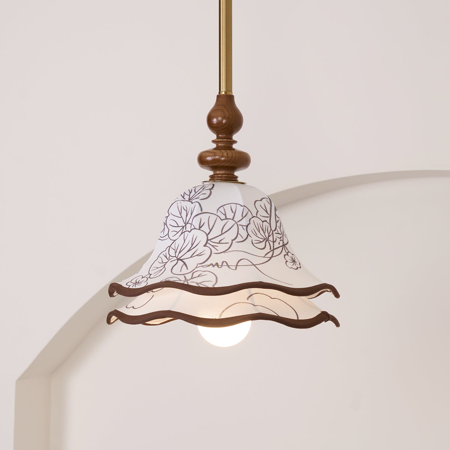 Pendant Light Wood Cloth Metal 9.8 in White Gold Wavy Floral Shade Dining Kitchen Vintage | Thomler