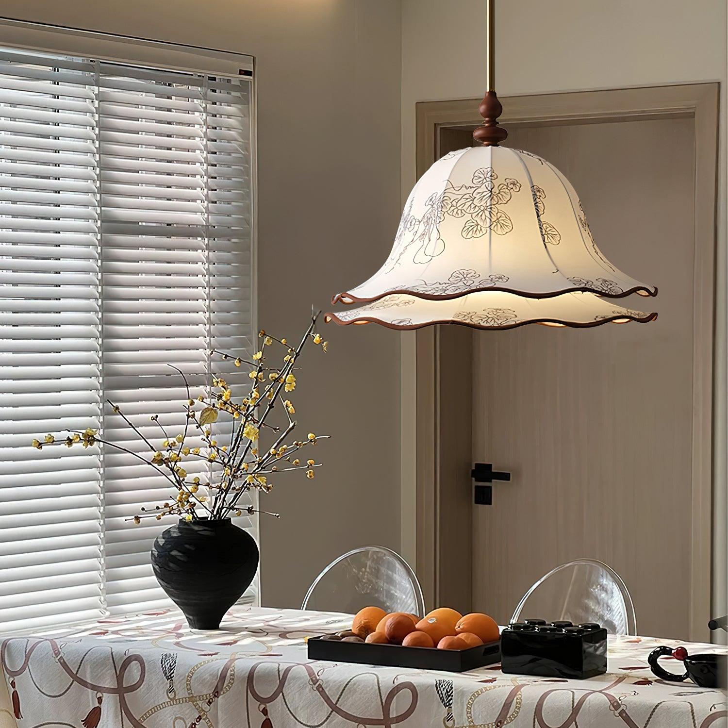 Pendant Light Wood Cloth Metal 9.8 in White Gold Wavy Floral Shade Dining Kitchen Vintage | Thomler