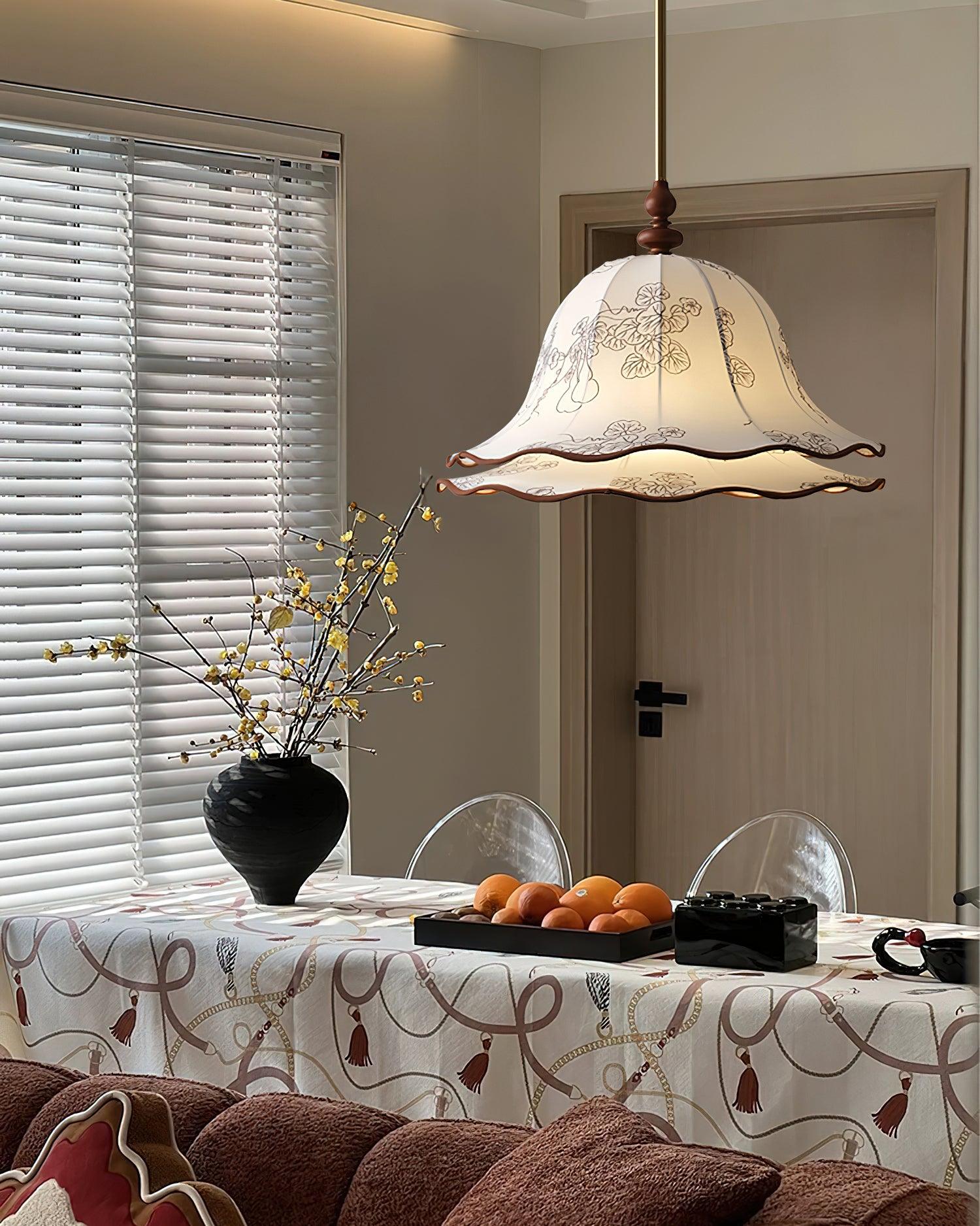 Pendant Light Wood Cloth Metal 9.8 in White Gold Wavy Floral Shade Dining Kitchen Vintage | Thomler