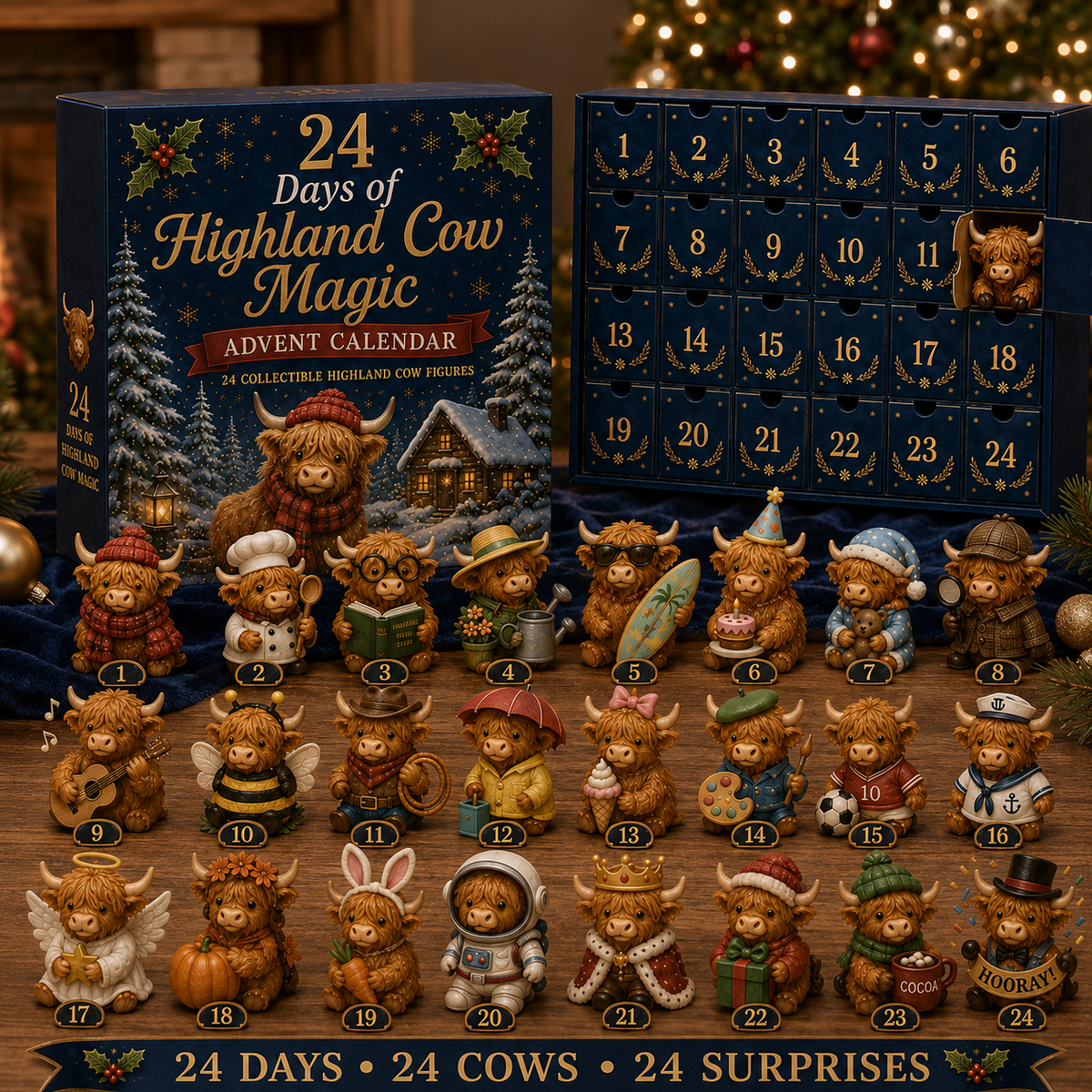 Highland Cow Advent Calendar – 24-Day Christmas Countdown with Collectible Miniatures for Holiday Decoration | Thomler