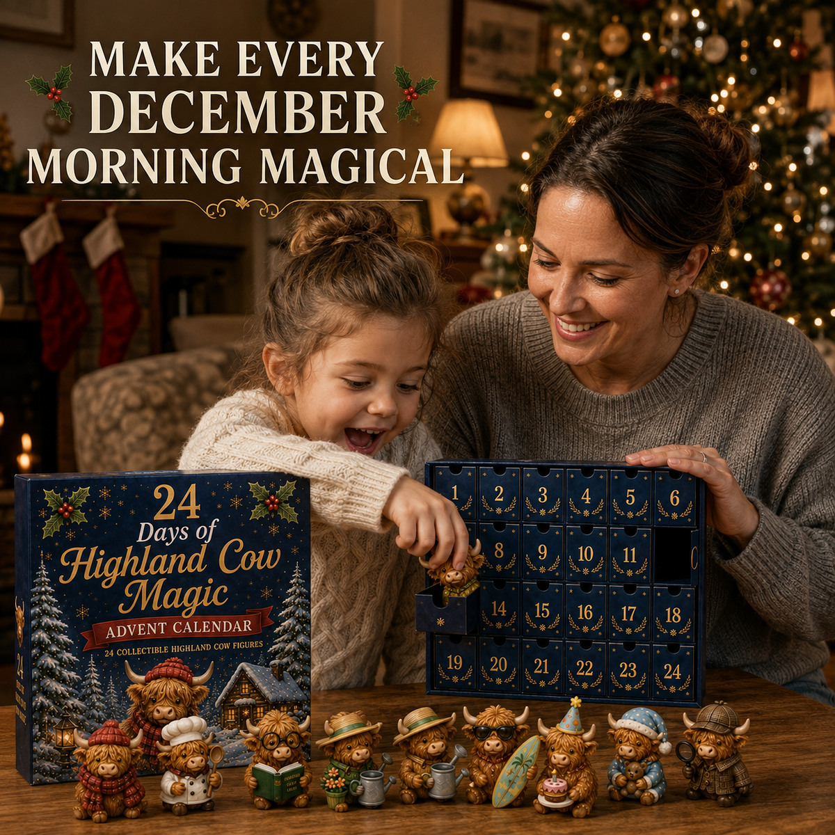 Highland Cow Advent Calendar – 24-Day Christmas Countdown with Collectible Miniatures for Holiday Decoration | Thomler