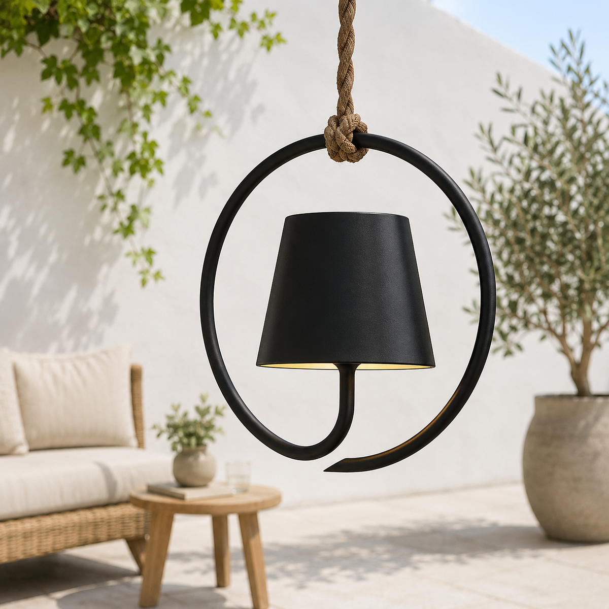 Rechargeable Outdoor Hanging Lantern with Jute Cord – Waterproof LED Pendant Light for Patio, Garden & Pergola | Thomler