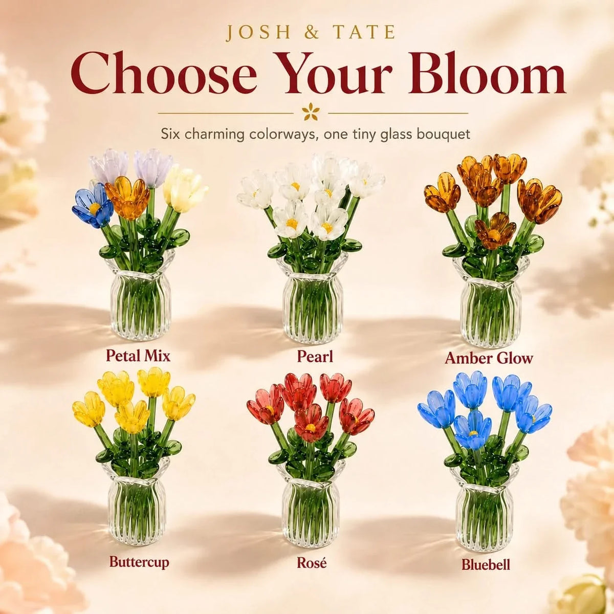 Handblown Glass Flower Display – 7-Bloom Arrangement with Mini Vase – Forever Florals for Shelves & Tabletops | Thomler