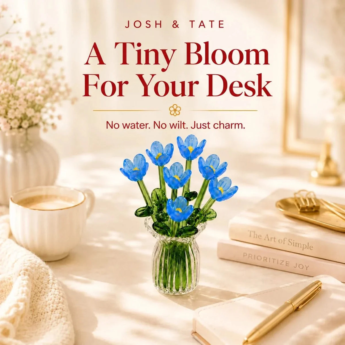 Handblown Glass Flower Display – 7-Bloom Arrangement with Mini Vase – Forever Florals for Shelves & Tabletops | Thomler