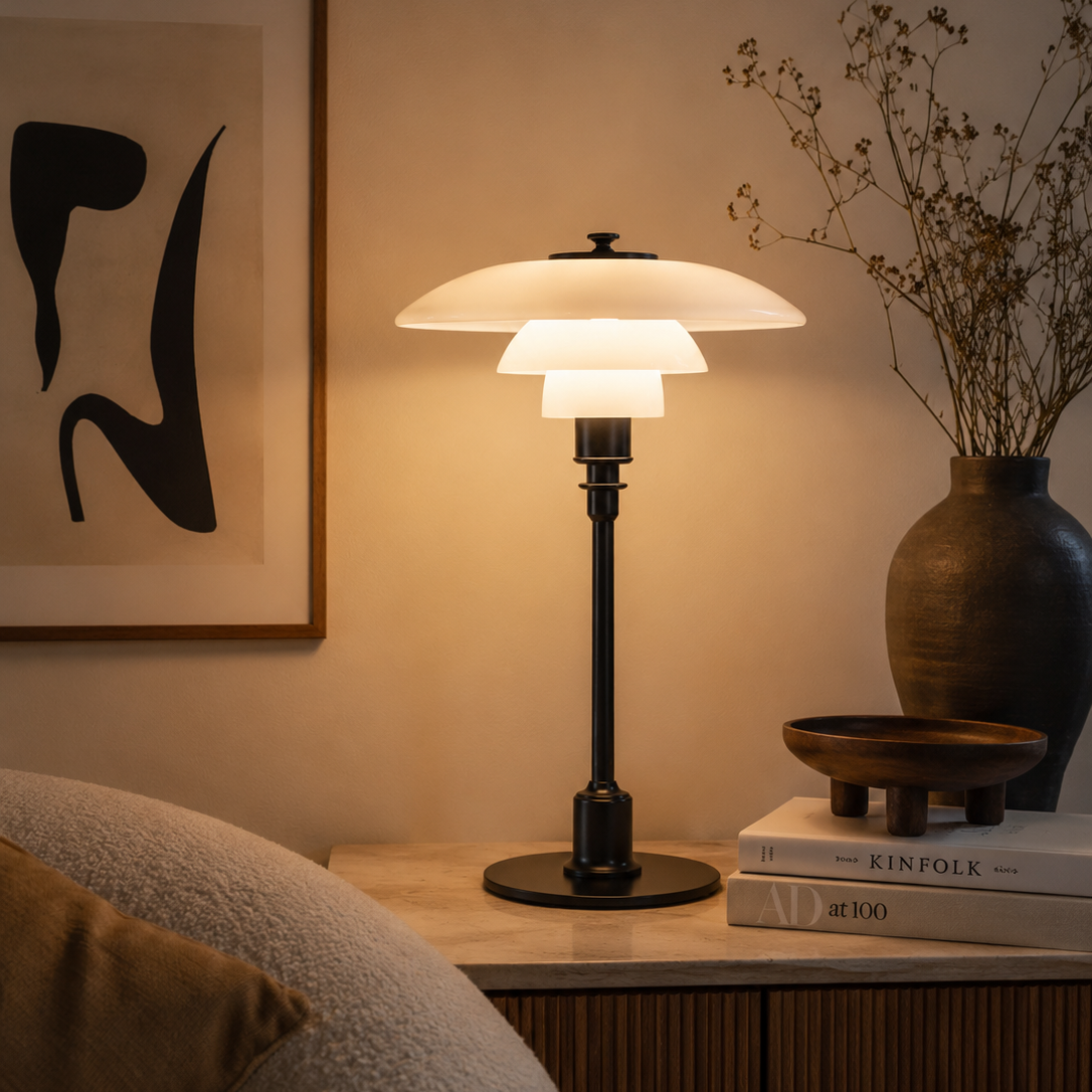 Modern Table Lamp with Triple Glass Shades – Sculptural Accent Light with Rotary Dimmer for Bedroom, Office & Living Room | Thomler
