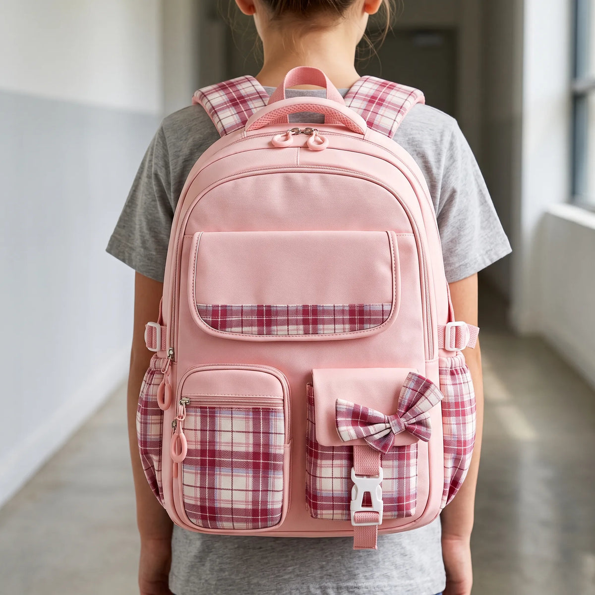Elementary Student Backpack with Gingham Trim & Padded Straps – Organized Compartments for Books & Supplies | Thomler