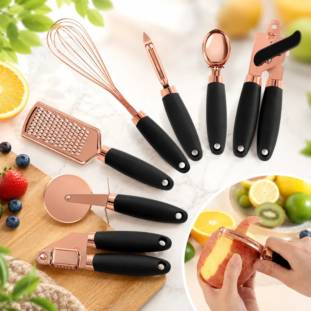 7-Piece Rose Gold Stainless Steel Kitchen Utensil Set with Soft-Grip Handles – Whisk, Pizza Cutter, Grater, Scoop, Garlic Press, Can | Thomler
