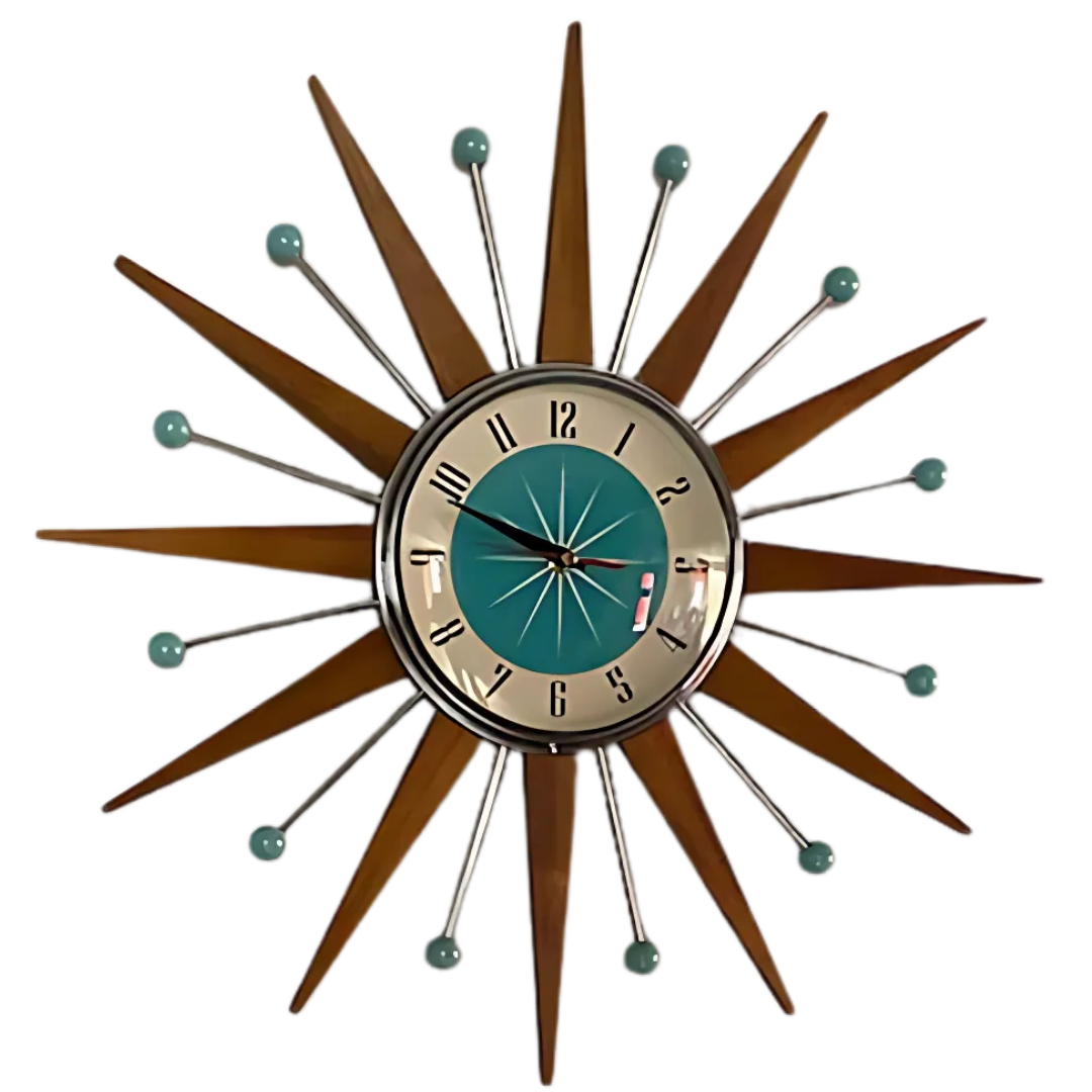 Handcrafted Sunburst Wall Clock Mid-Century Modern Design 16 Inch Silent Battery Operated Decorative Timepiece for Living Room Bedroom | Thomler