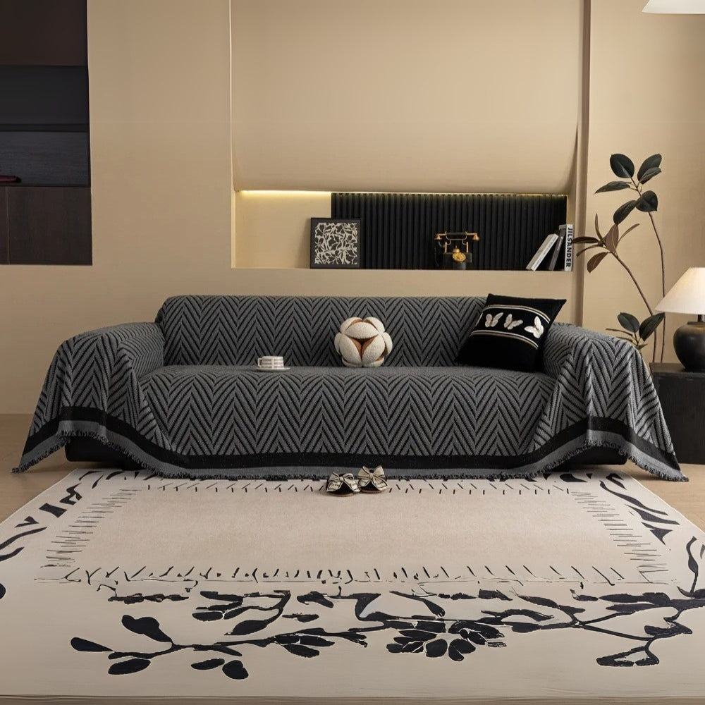Textured Throw Blanket with Fringe Trim for Sofa | Modern Chevron Weave Furniture Protector & Decorative Accent | Thomler