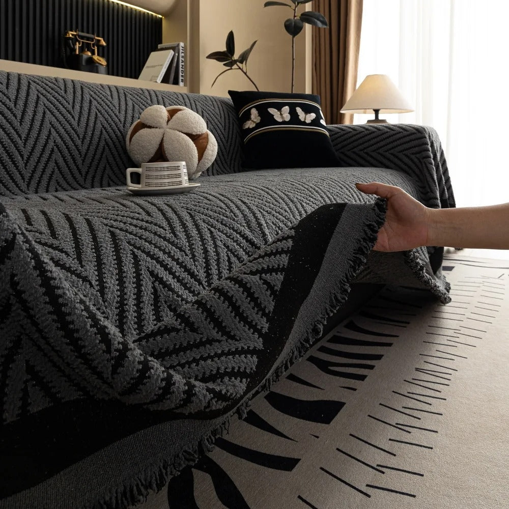 Textured Throw Blanket with Fringe Trim for Sofa | Modern Chevron Weave Furniture Protector & Decorative Accent | Thomler