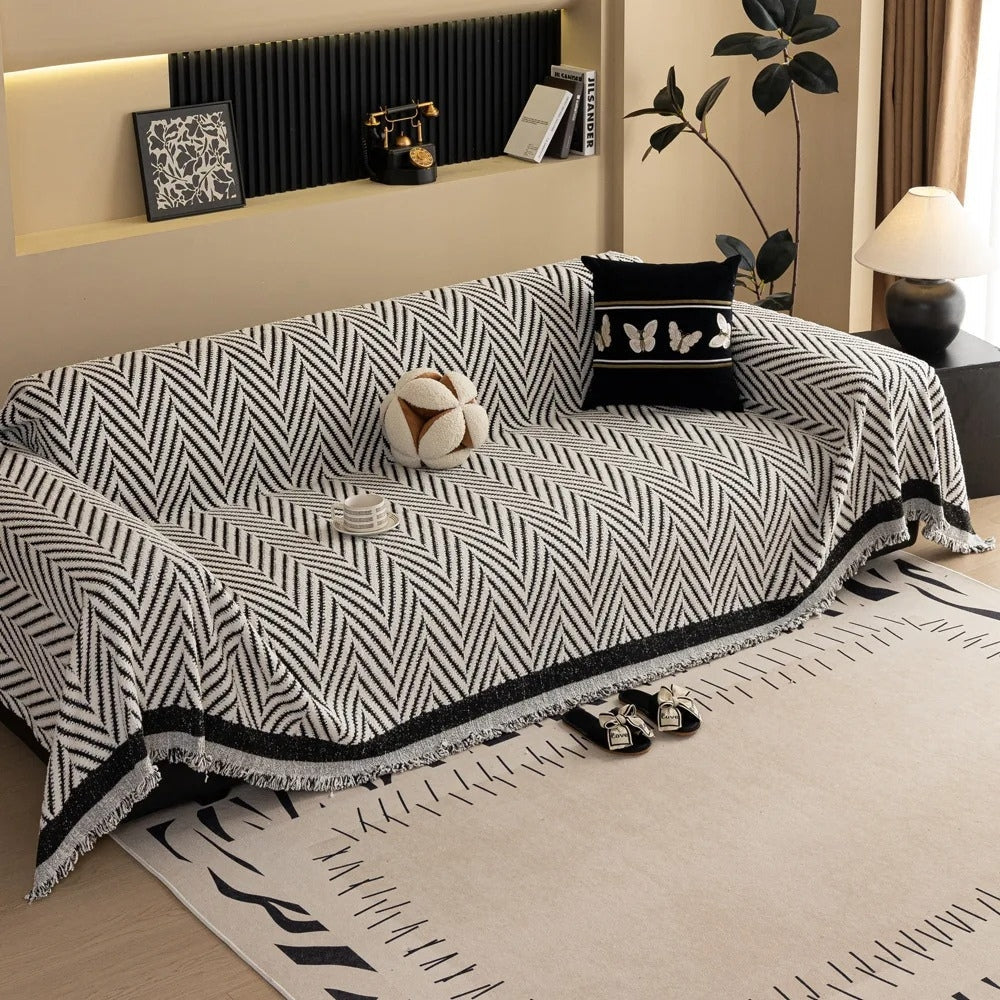 Textured Throw Blanket with Fringe Trim for Sofa | Modern Chevron Weave Furniture Protector & Decorative Accent | Thomler